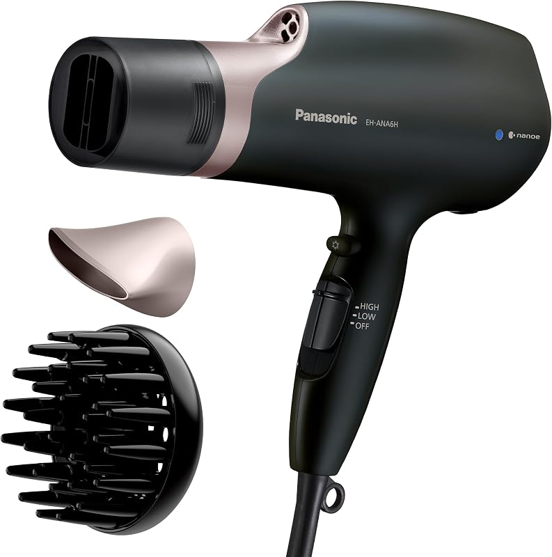 Nanoe Salon Hair Dryer with Oscillating Quickdry Nozzle, Diffuser & Concentrator Attachments, 3 Heat & 2 Speed Settings, Japanese Technology for All Hair Types – EH-ANA6HN (Black/Pink Gold)