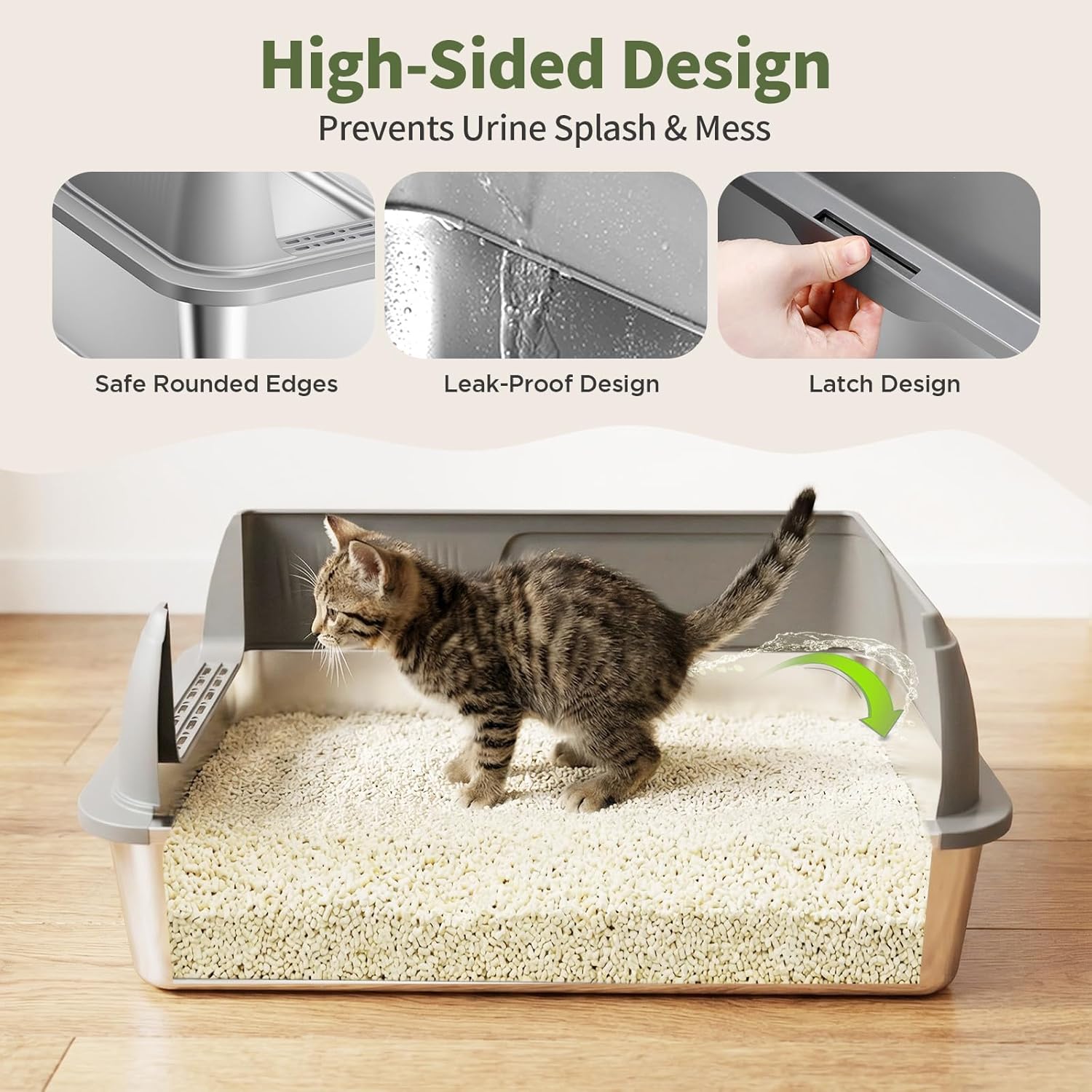 Gimars 2 Pack XL Stainless Steel Cat Litter Box for Big & Senior Cats, Multi-Cat Metal Litter Pan with High Sides, Odor-Resistant & Easy Clean, Includes Litter Scoop, Litter Mat & Anti-Slip Pads Light Gray