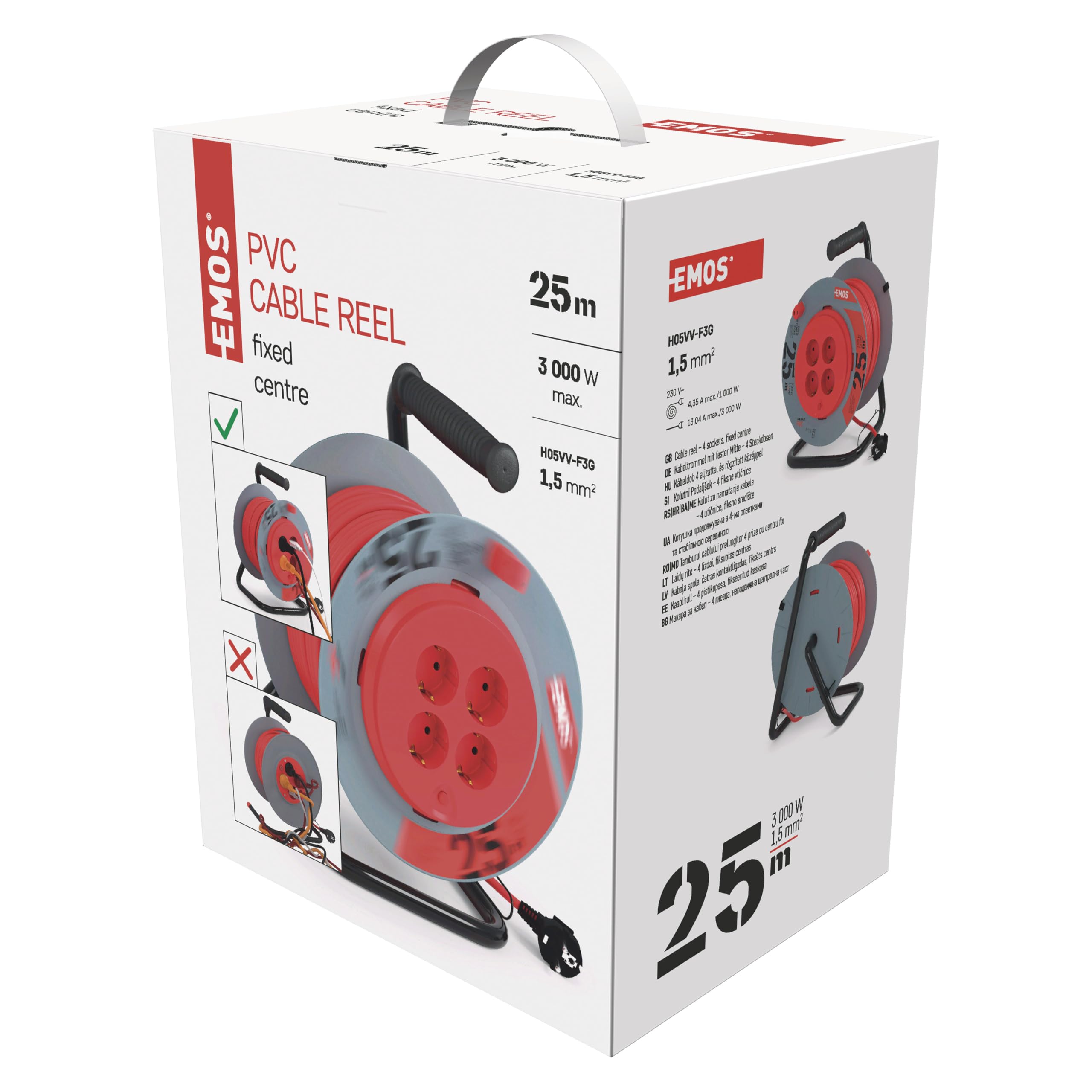 EMOS - Bęben kablowy 25 m ze stałym środkiem - 4 gniazda Schuko - 230 V, 13 A, 3000 W - wysokiej jakości izolacja PCW - H05VV-F3G 1,5 mm2 - zabezpieczenie przed przegrzaniem, hamulec szpułowy - IP20
