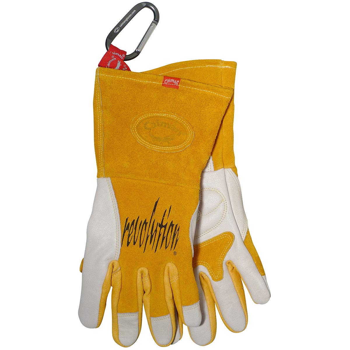 Caiman Guantes de soldadura MIG/Stick de grano de vaca premium, aislamiento trasero de dos capas, sin forro, protector de pulso grande, Kevlar, Kontour, blanco/dorado, mediano (1810-4)