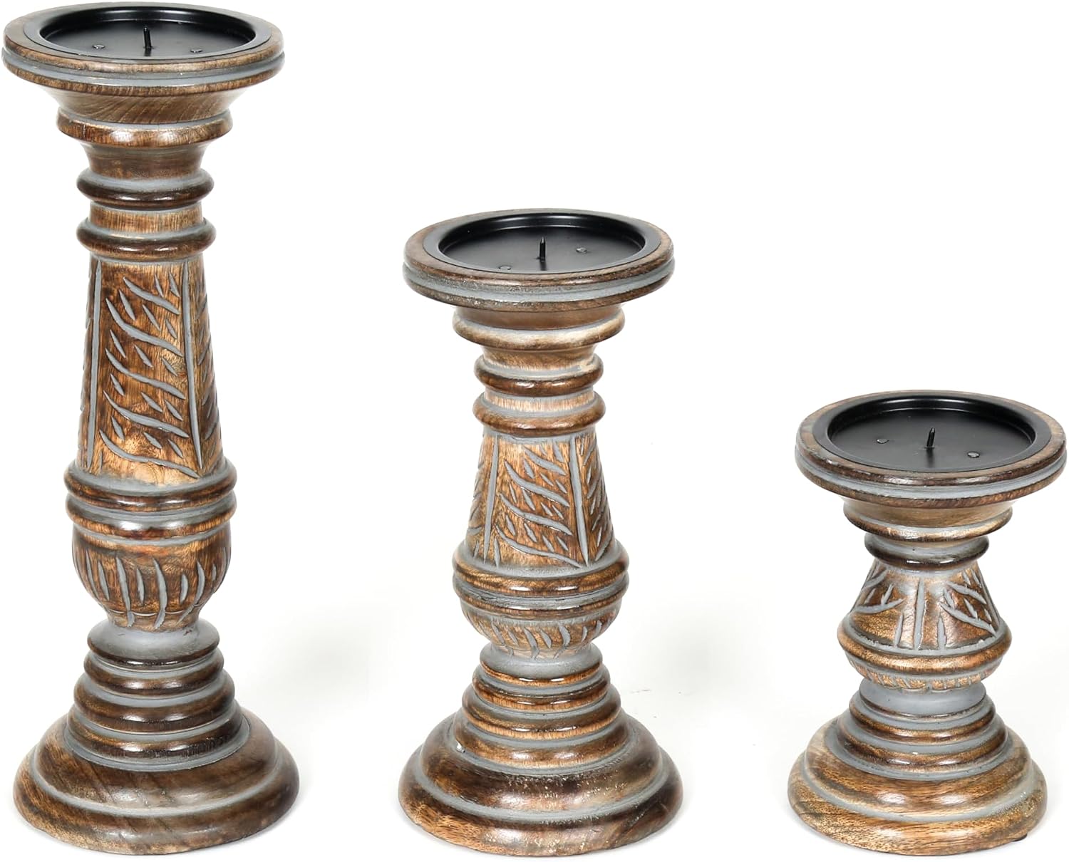 Candle Holders for Pillar Candles (Grey Wash, Set of 3) - Mangowood Candle Stand - Farmhouse Wooden Candle Holders Pillar Leaf Design - Candle Holder Decor for Table Centerpiece - 6”, 9”, 12”