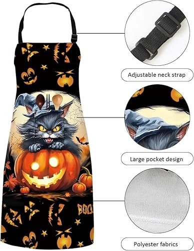 Miniatura 6 de Delantal ajustable con patrón de girasoles de amor, resistente al agua, con 1 bolsillos, Gatos negros y calabazas de Halloween 1