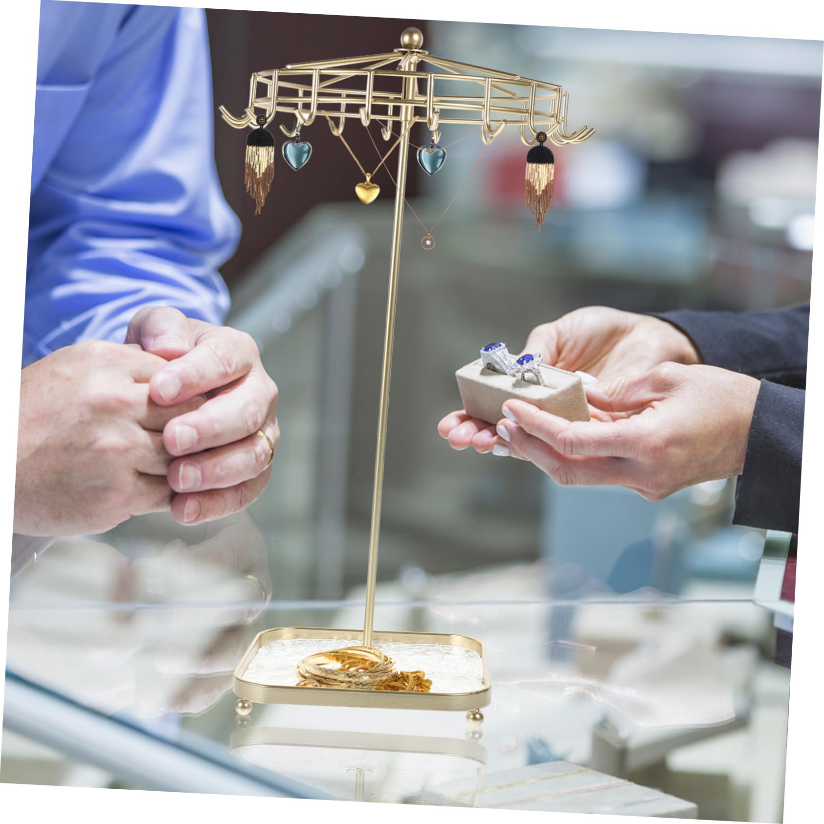 GALPADA Goldener Drehbarer Schmuckständer aus Eisen mit Stabilem Marmorfuß Haken Multifunktionaler Aufbewahrungsständer für Halsketten Armbänder Ringe und Ohrringe Eleganter Schmuckhalter