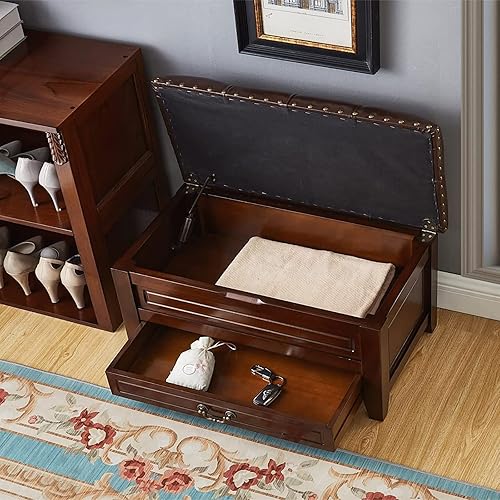 Miniatura 5 de Banco de cuero de alta calidad con almacenamiento gabinete de almacenamiento otomano de madera maciza vintage con cajón banco de almacenamiento