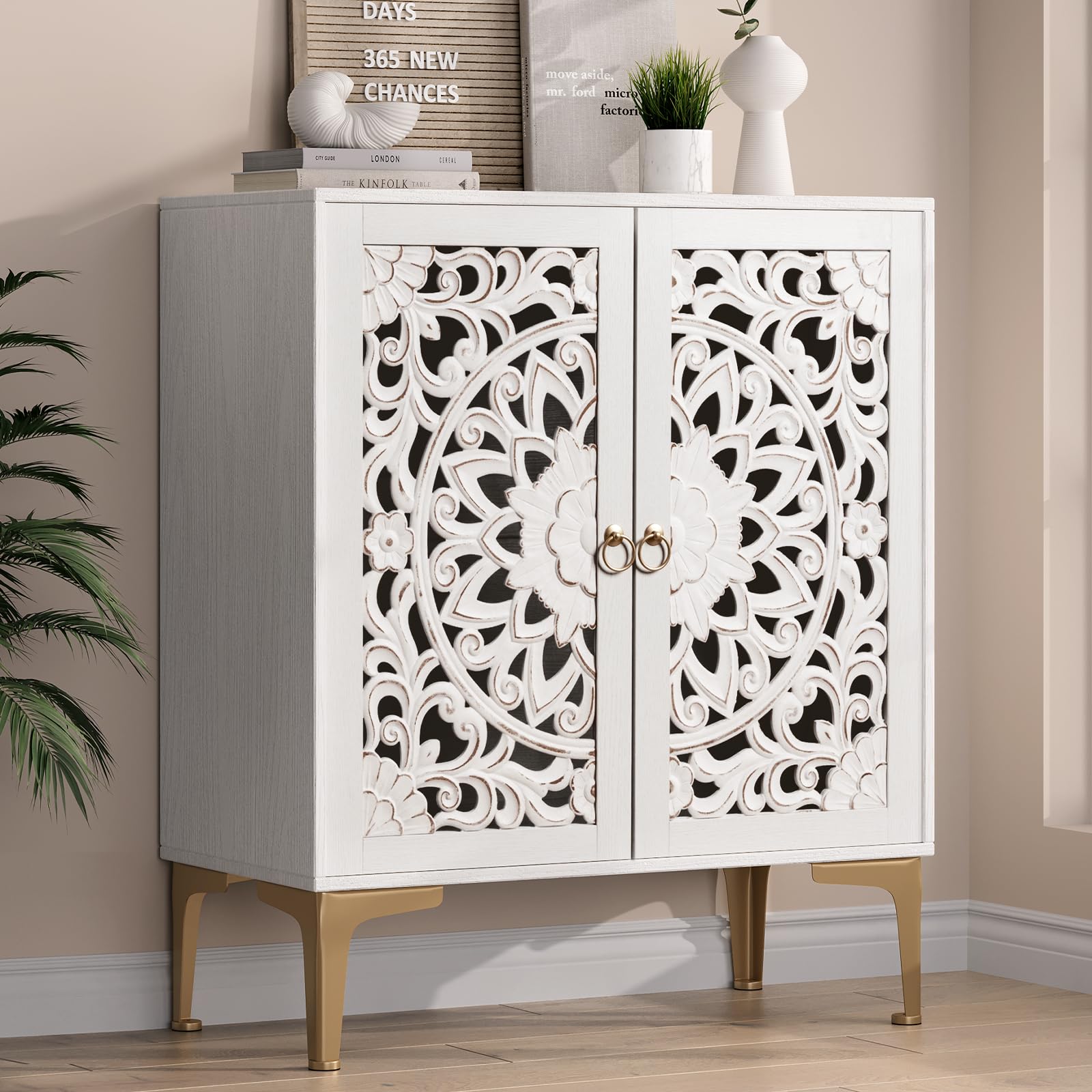 Accent Cabinet with Doors, Decorative Sideboard Buffet Cabinet with Adjustable Shelf, Carved Buffet Table with Gold Legs for Living Room, Entryway, Kitchen, Hallway, White