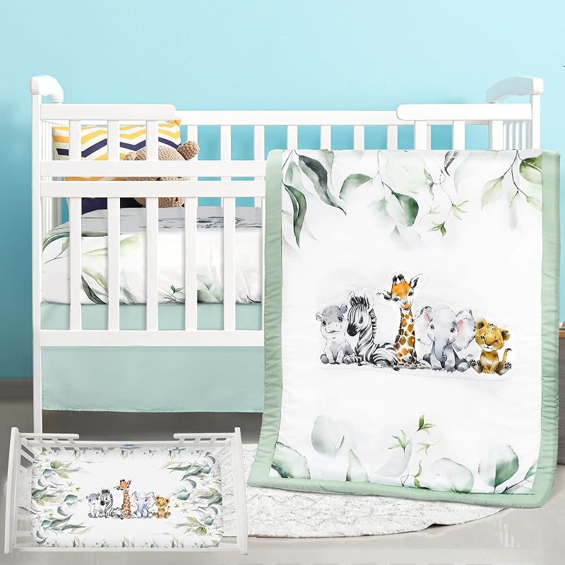 3 Pcs Safari Animals Baby Crib Bedding Set for Boy Girl | Includes Quilt, Fitted Sheet, Skirt, Soft Light Blue Jungle Nursery Bedding for Standard Infant Bed