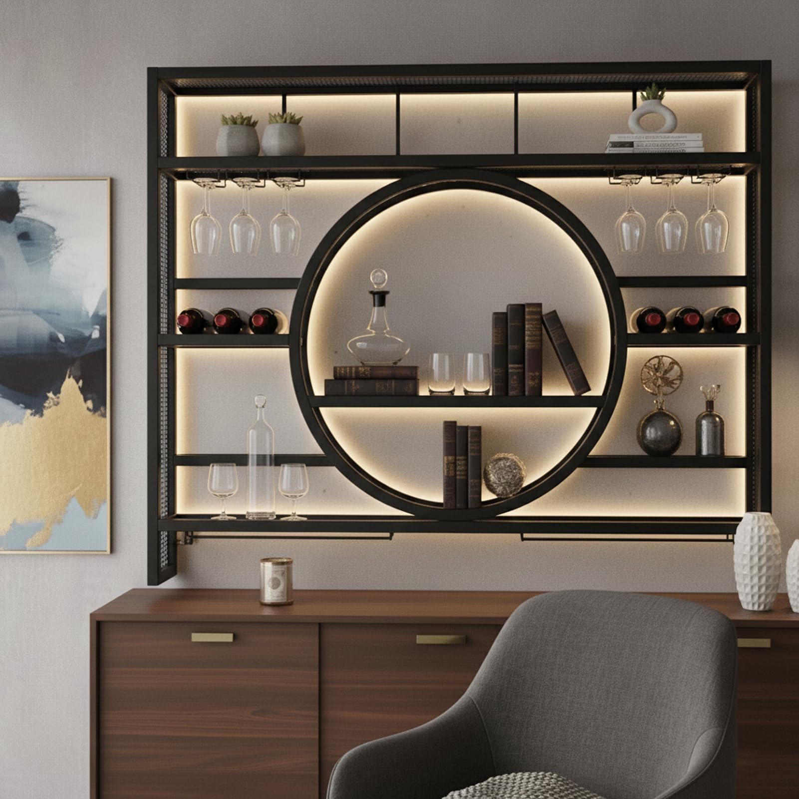 Weinregal Wand Metall, Bar Regal mit Weingläserhalter - Modernes Weinflaschenregal für Küche, Esszimmer, Home Bar und Restaurant, Wandmontage (Schwarz, 140cm)