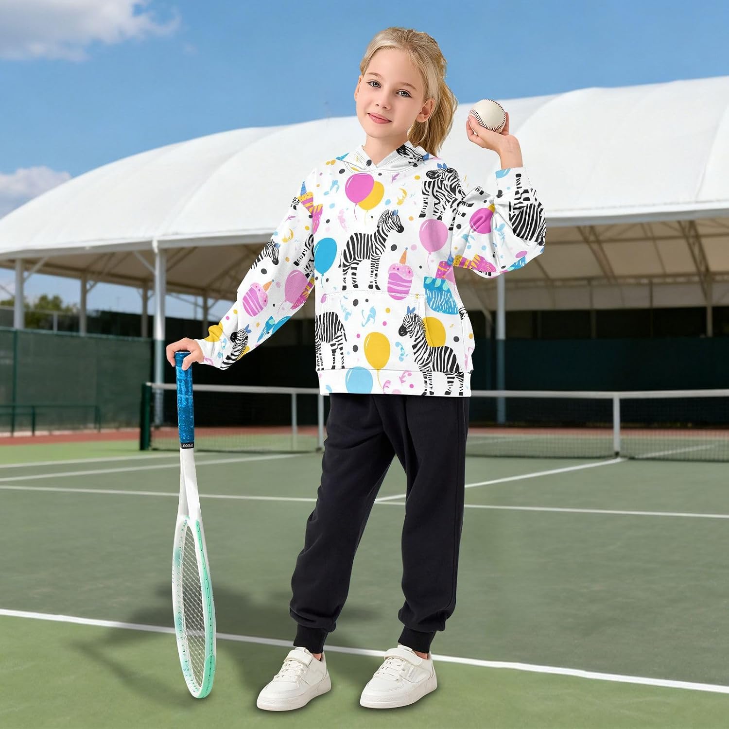 ZZXXB Zebra Birthday Balloons Kids Sweatshirts Boys Girls Hooded Kangaroo Pocket Pullover Tops XS-XXL