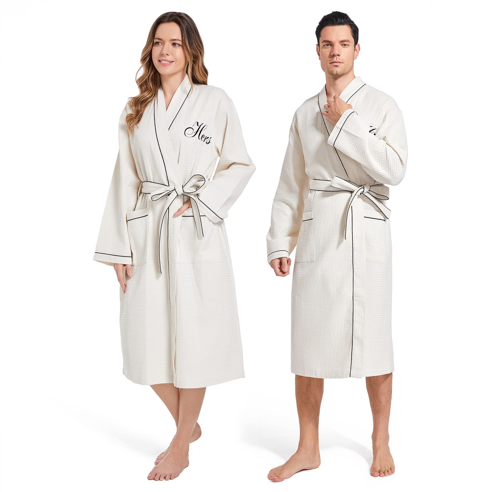 CONOMAX 2Pcs Couples Dressing Gown Waffle Robe Sets Cotton Bathrobe for Hotel Spa Party Kimono robe
