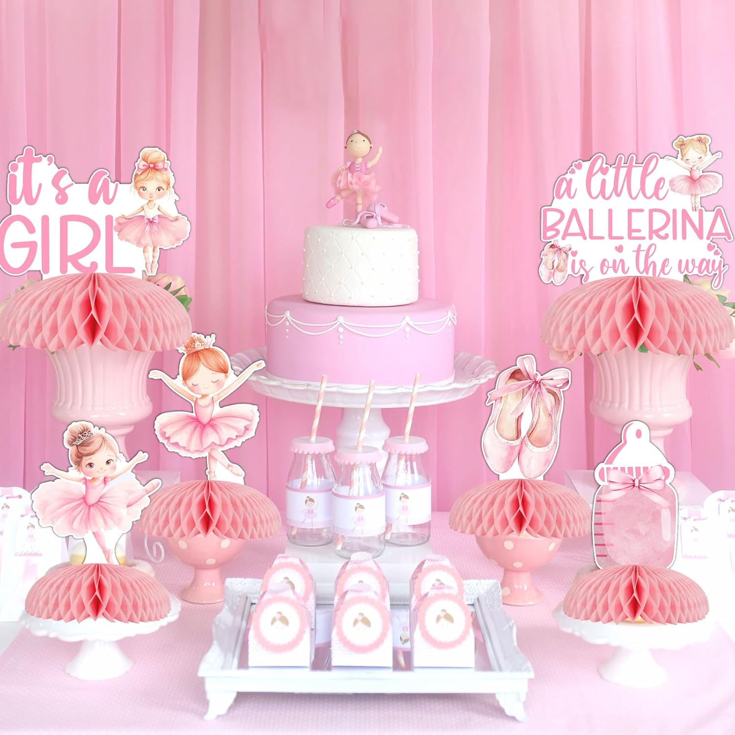Funmemoir Ballerina Baby Shower Decorations for Girl, 8pcs Ballerina Baby Shower Honeycomb Centerpiece A Little Ballerina Is One The Way Table Decorations for Ballet Dancer Ballerina Theme Baby Shower