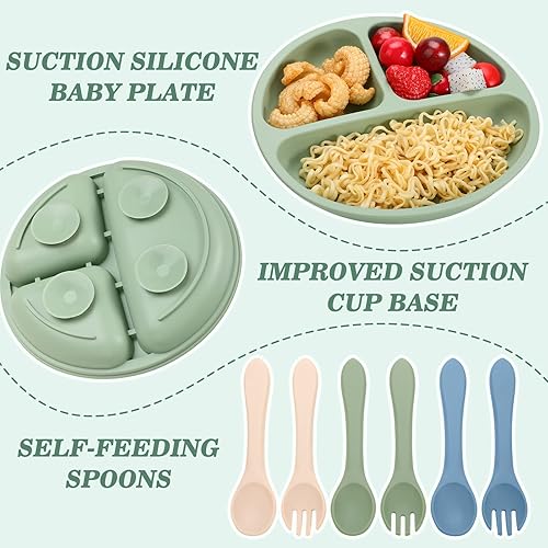 Miniatura 4 de Juego de 18 piezas de silicona para alimentar bebés, vajilla ajustable de silicona para niños pequeños, platos y tazones con ventosas, platos