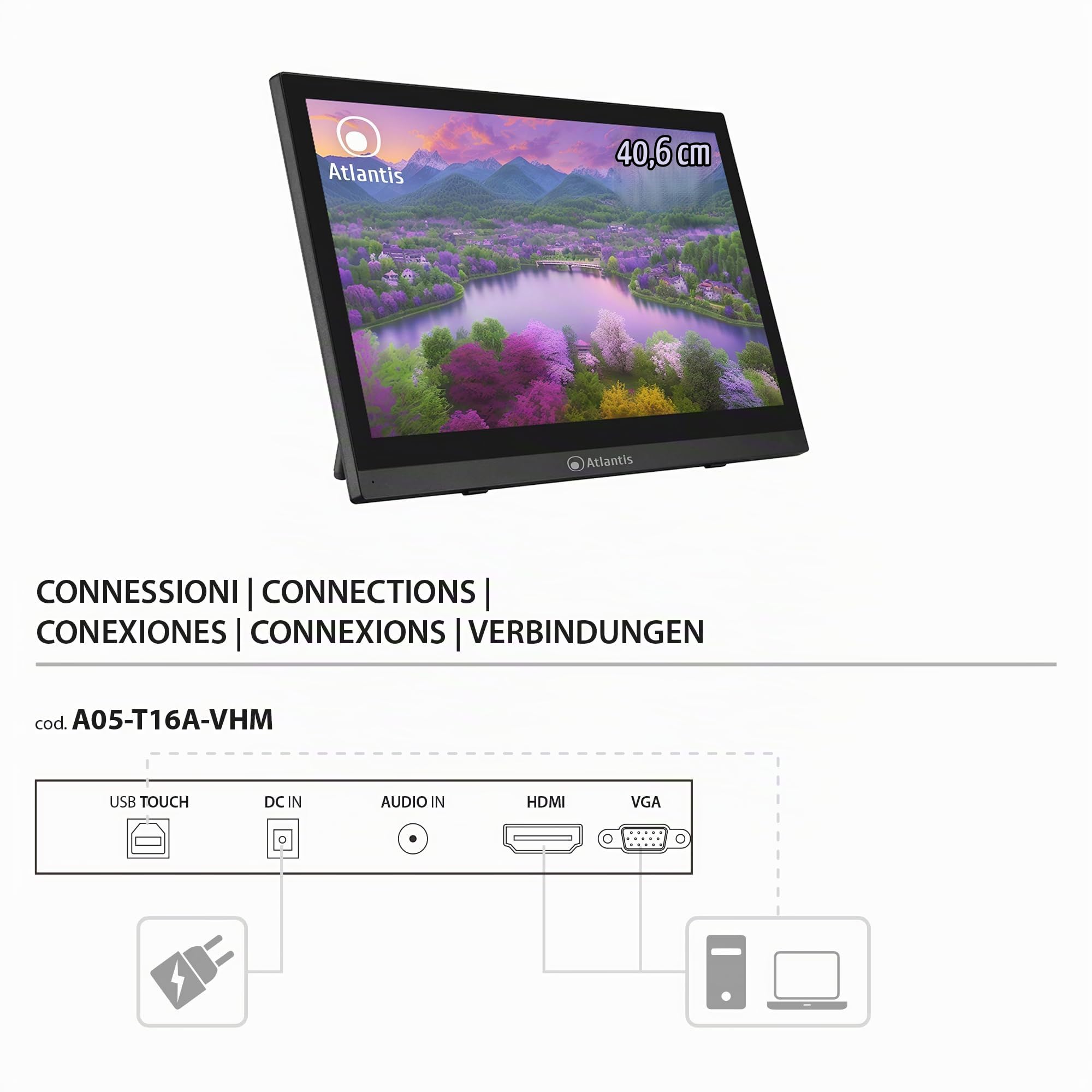 Atlantis Monitor Touch 16 pollici Full HD a 10 tocchi, inclinabile | FHD 1920x1080, HDMI/VGA, inclinazione 15°-50°, vetro protettivo 7H, contrasto 800:1, VESA 75, cod. A05-T16A-VHM
