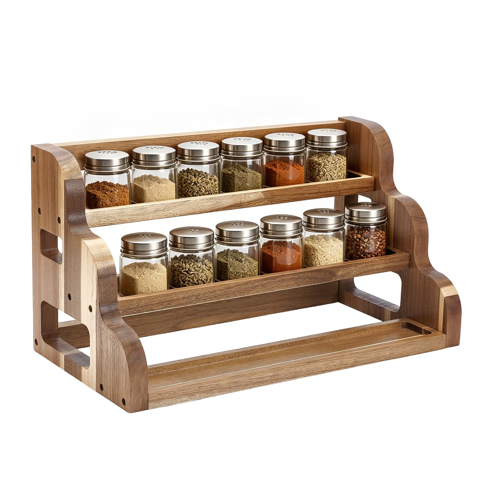 Étagère à épices en bois d'acacia, étagère à épices à 3 étages pour armoire, étagère de rangement en bois pour plan de travail de cuisine ou garde-manger