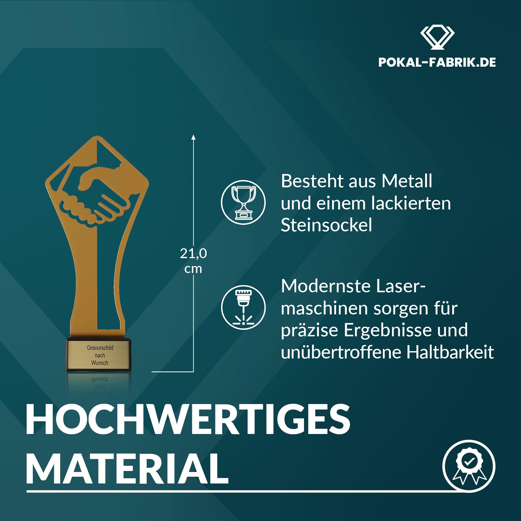 Goldener Teamwork Pokal 21 cm aus Metall mit Gravur - Geschenk-Trophäe mit Handschlag Silhouette - Personalisiertes Geschenk - Auszeichnung für Zusammenarbeit