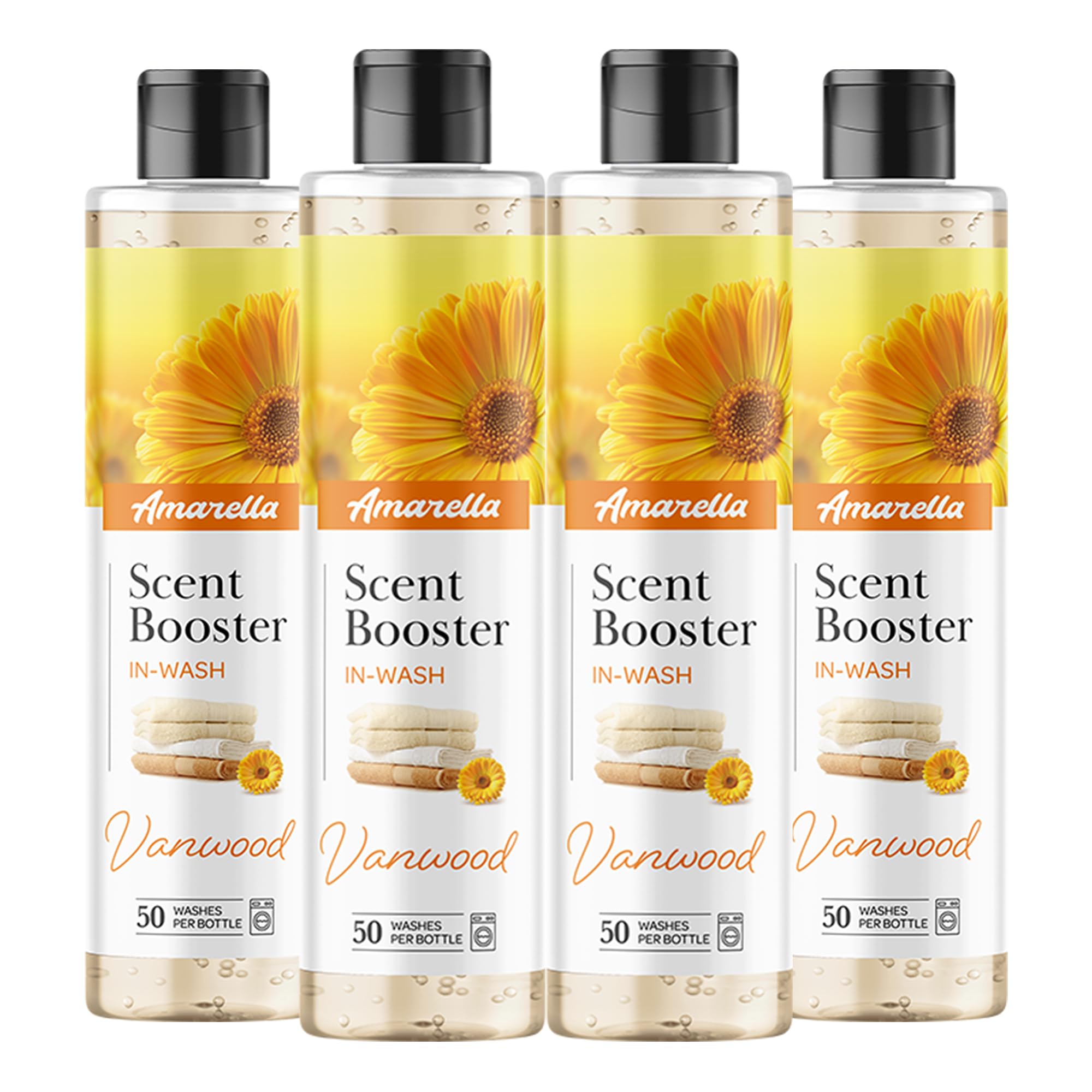 AMARELLA Wäscheparfum Set 4×250 ml - Vanwood, Duftkonzentrat für Textilien, intensiver Wäscheduft, über 50 Wäschen je Flasche, lang anhaltende Frische
