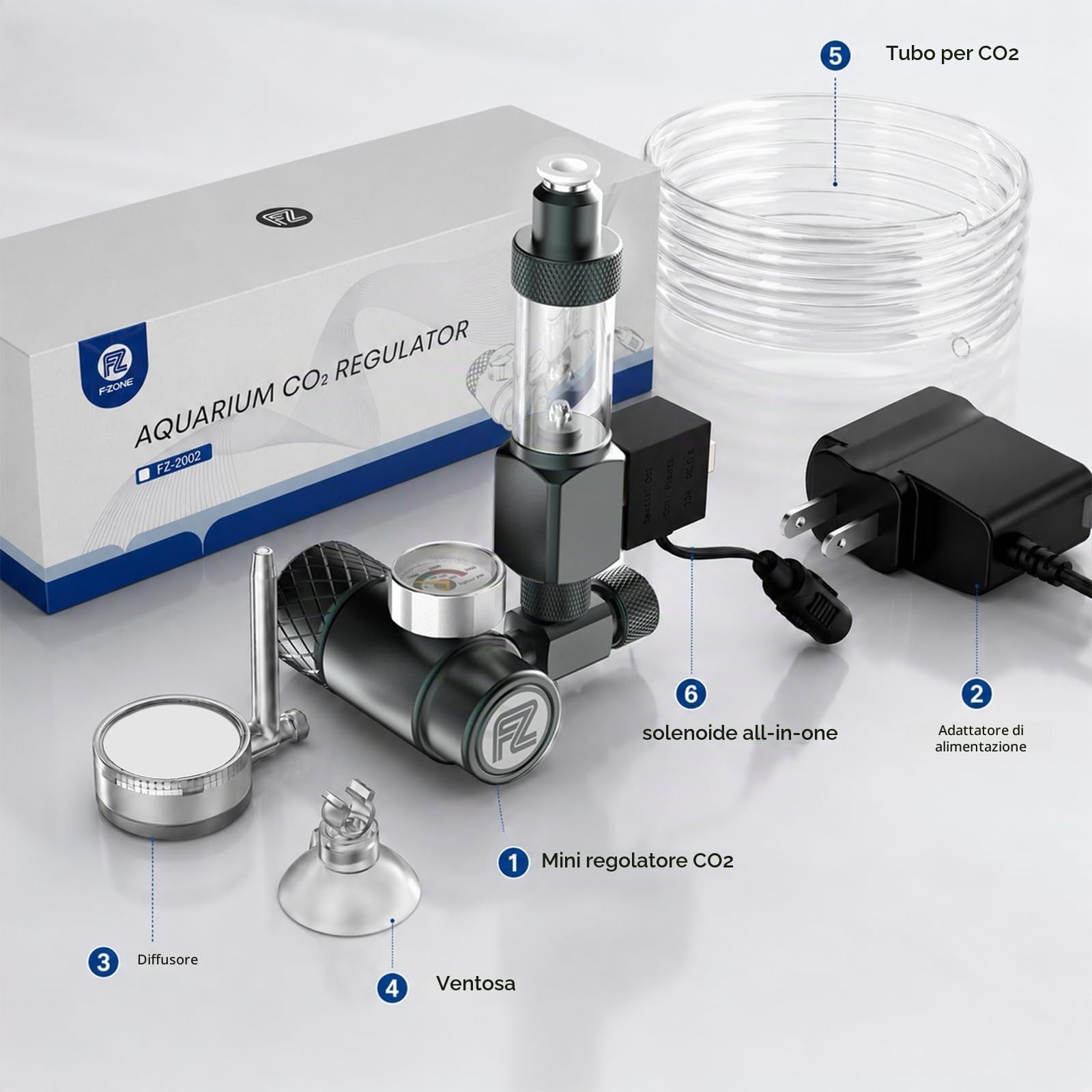 FZONE Kit Regolatore CO₂ per Acquario（W21.8）, Sistema CO₂ Compatto con Diffusore, Elettrovalvola DC Aggiornata e Contabolle con Valvola di Non Ritorno, per Sistemi CO₂ in Acquari di Piante Acquatiche