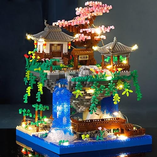Miniatura 6 de Juego de micro construcción de árbol bonsái de cerezo, arquitectura china, kits de estanque de flor de durazno con luces, juguetes de árbol Sakura