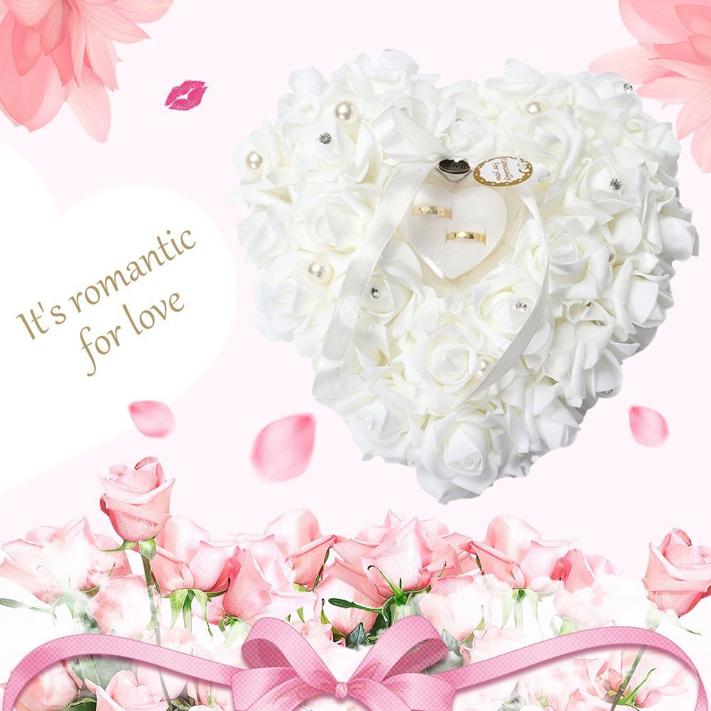 Yosoo 15x13cm Bianco Romantico Matrimonio Anello Rosa Scatola Cuore rosa Bomboniere Anello nuziale Cuscino con elegante cassa gioielli Floral Accessori da sposa