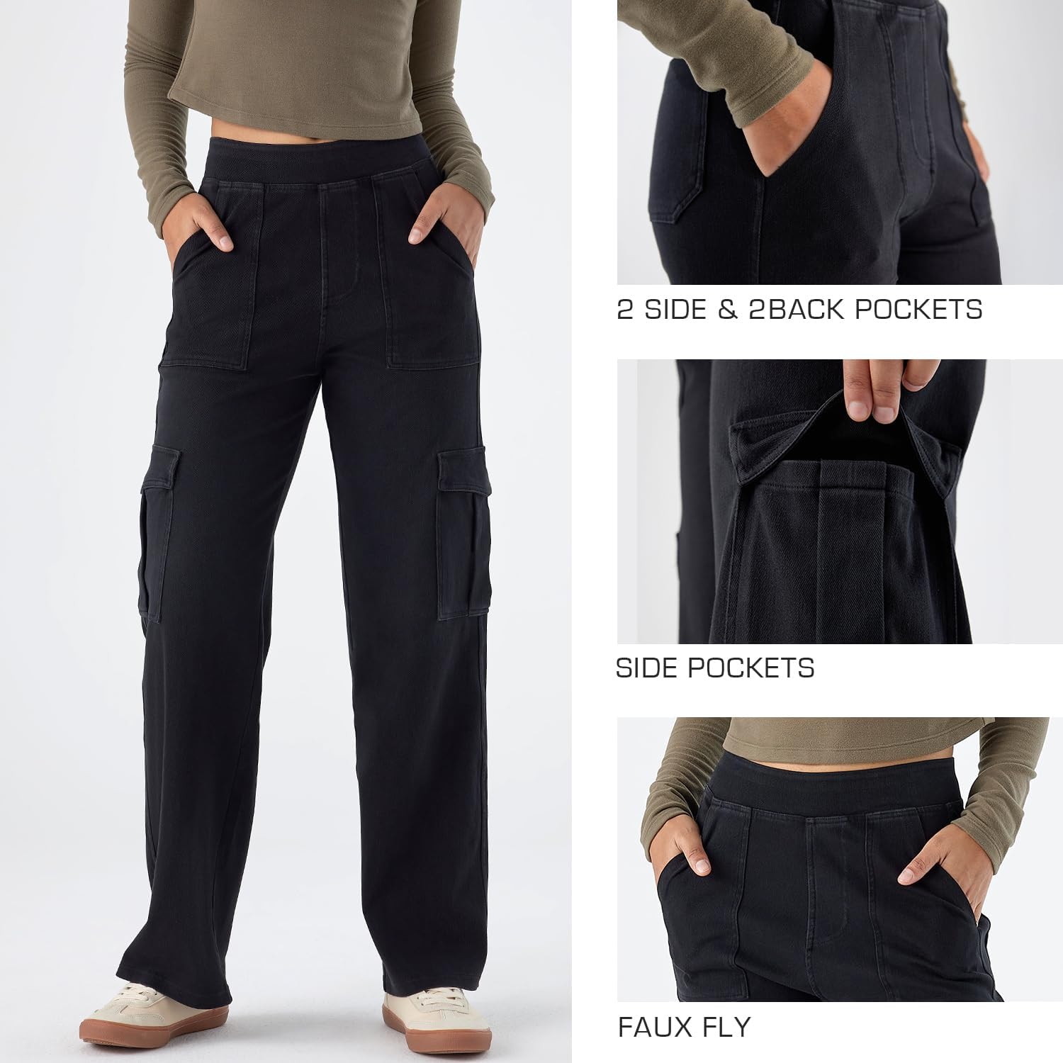 Women’s Pull-On Cargo Jeans - Mid Rise Wide Leg, Soft Stretch Denim, Comfort Fit with Pockets - Image 4