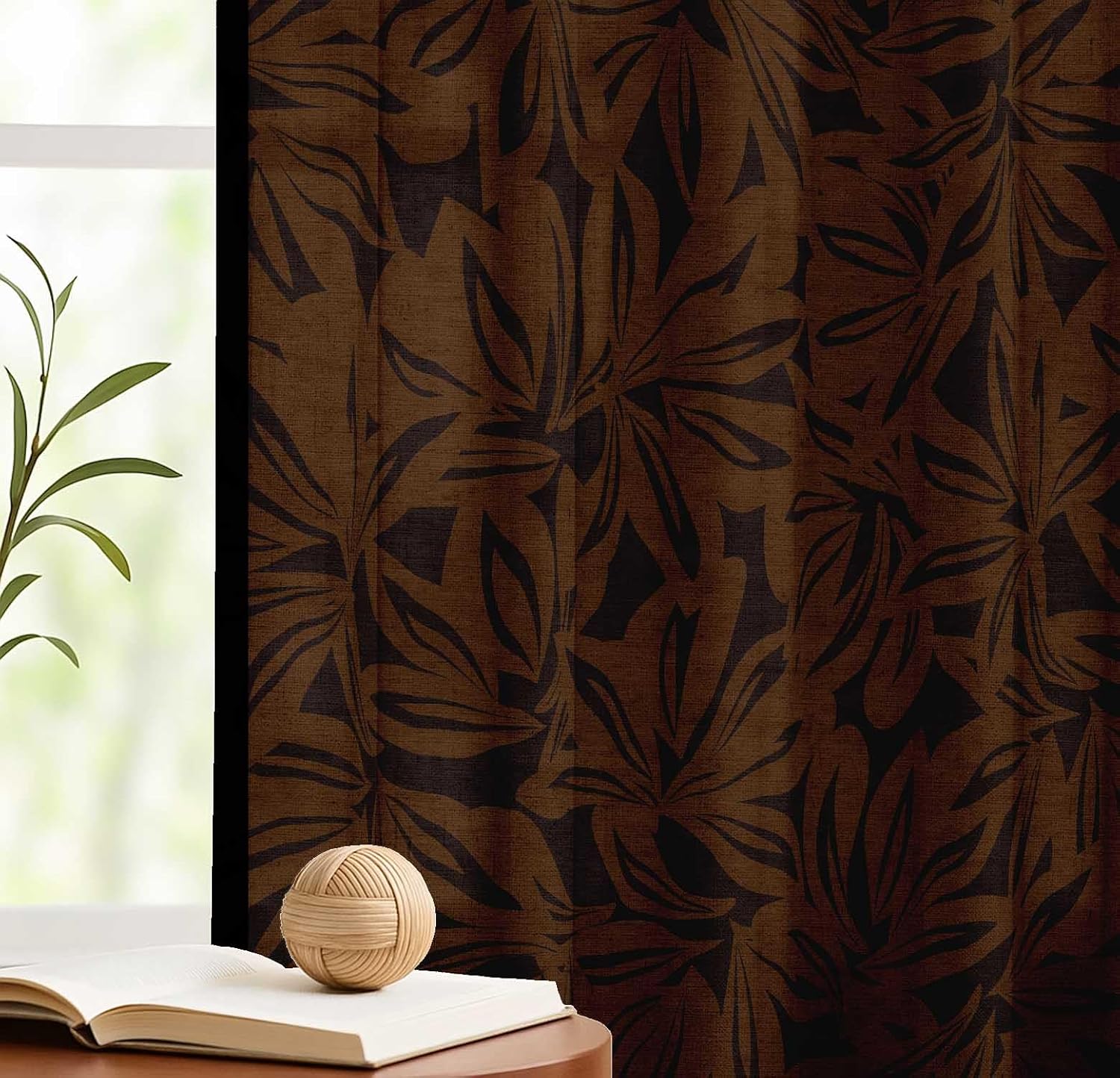 Cotton Curtains for Windows - 3-in-1 Rod Pocket/Back Tab Short Window Drapes - Light Filtering Cotton Panels - Set of 2, 52"x63" - Hand Drawn Floral Design (Brown)