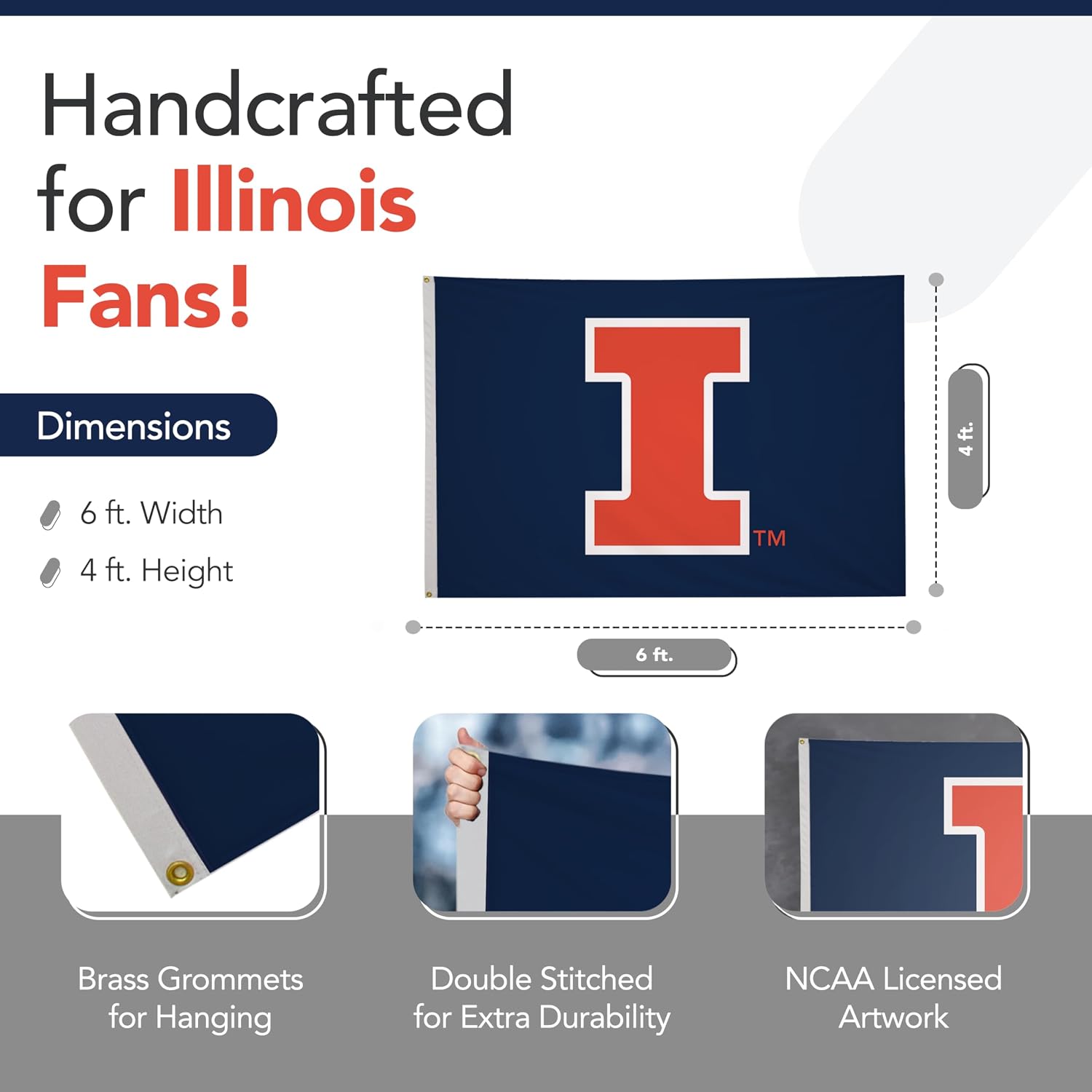 Illinois Fighting Illini College Sports Printed Flag - NCAA Licensed - Nylon - School Banner (Navy Blue, Orange, 4' x 6')