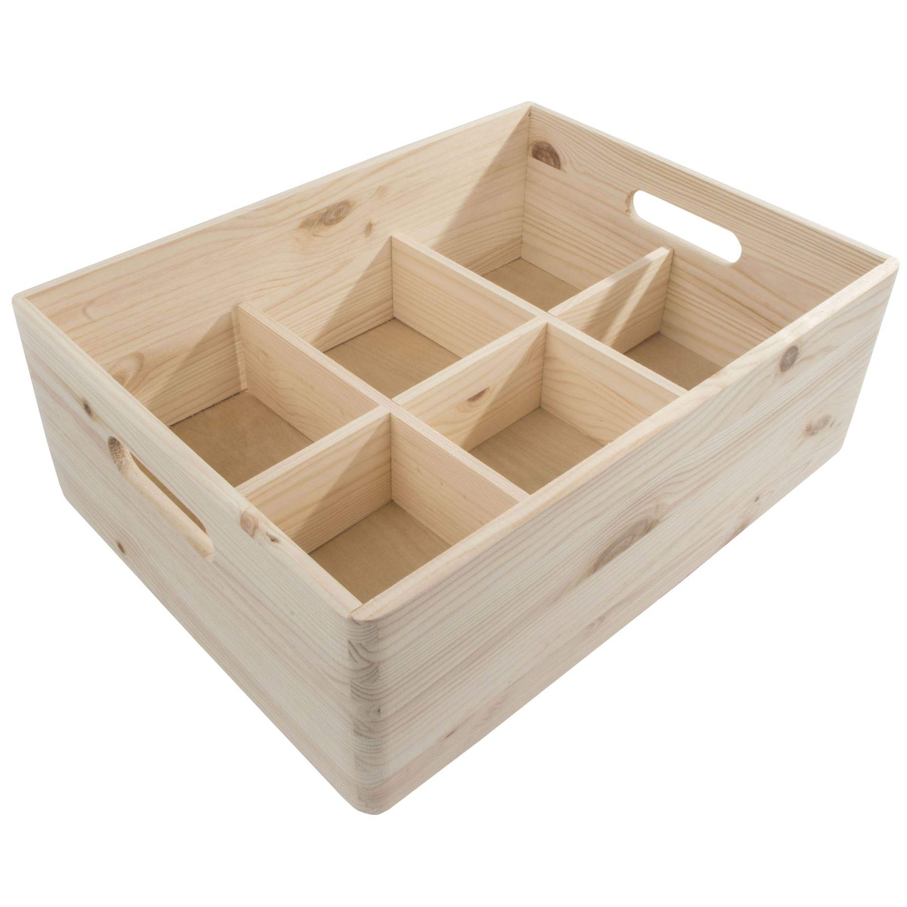 Woodeedoo Natural Large Wooden Storage Crate With Removable Dividers – Stackable Unfinished Pine Box With 6 Compartments For Craft Supplies Kitchen Pantry Tools Drawer Organisation Workshop – 39.5X29.5x13cm