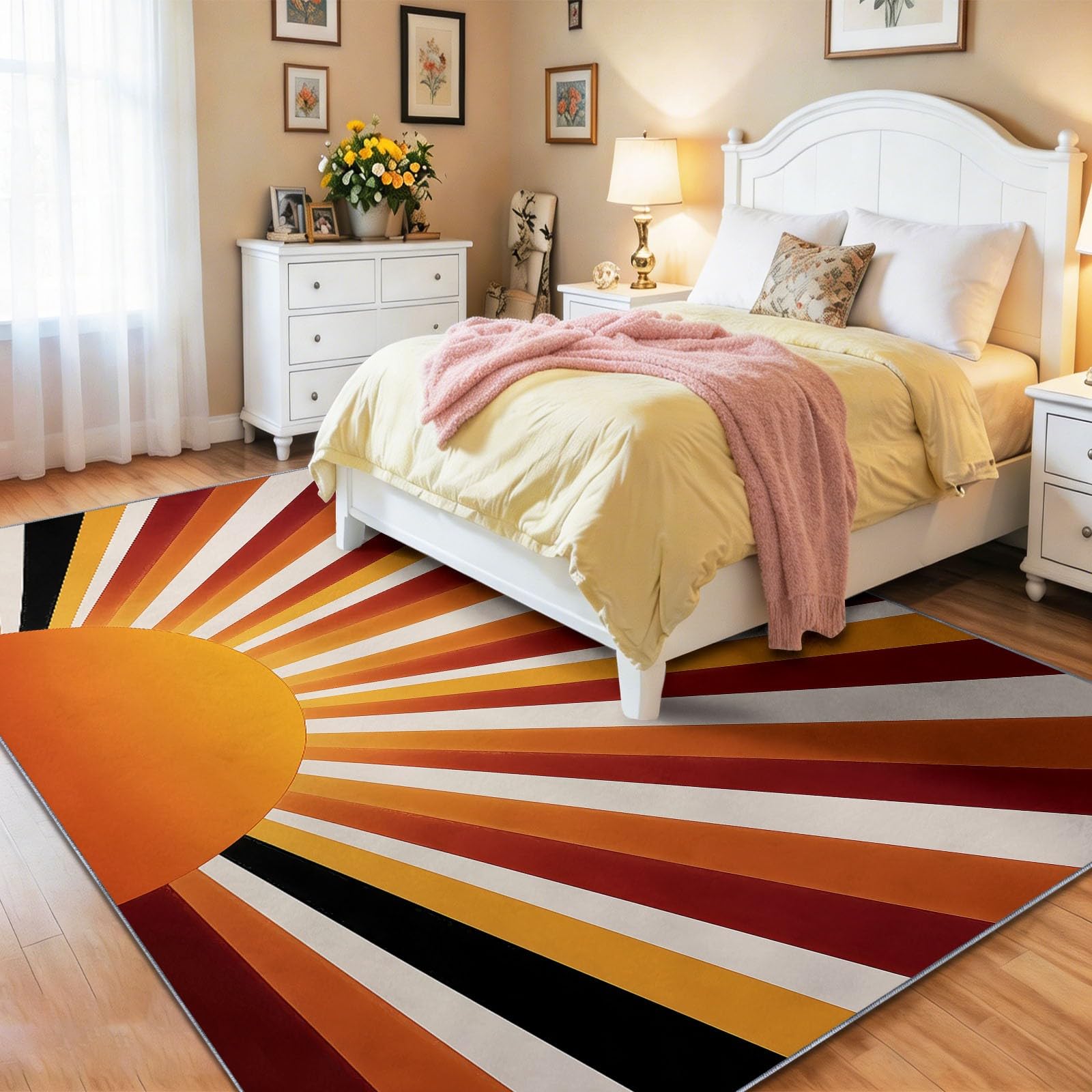 Sonnenstrahlen Linien Teppich, Geometrisch Abstrakt Teppich, waschbar, 160 x 230 cm - für Wohnzimmer Schlafzimmer weich Büro Esszimmerteppich rutschfest, Orange