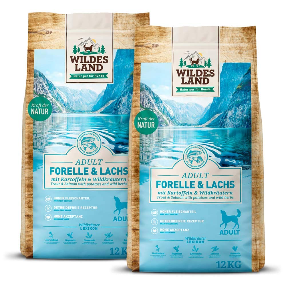 WILDES LAND – Lachs | Trockenfutter mit extra hohem Fleischanteil und natürlichen Zutaten für ausgewachsene Hunde. Alleinfutter ohne Zusatzstoffe im Beutel | 2X 12kg Lachs