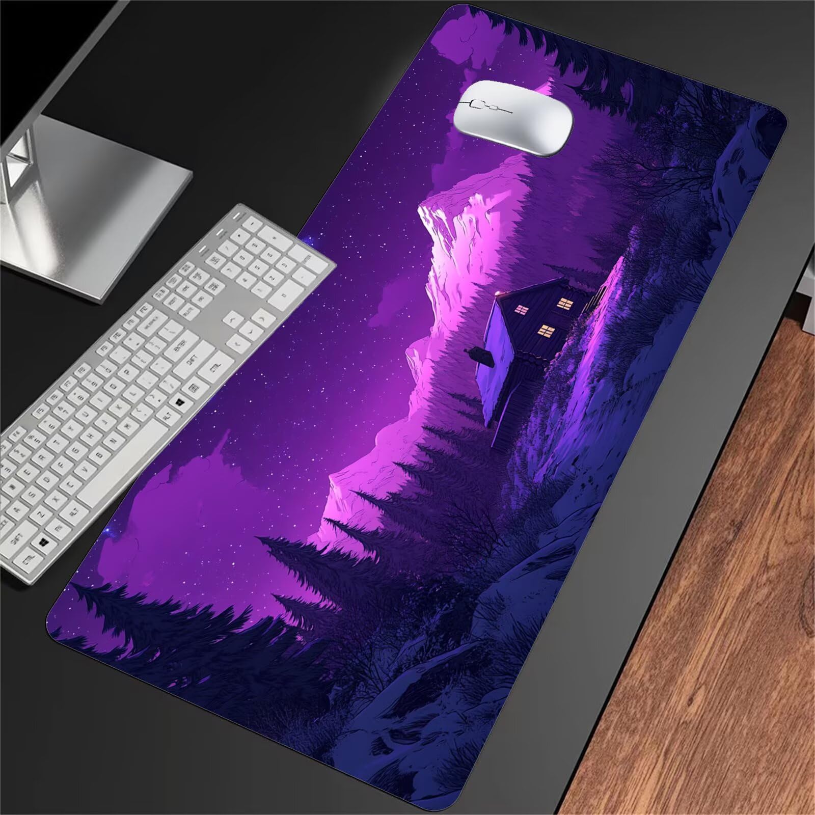 Podkładka pod mysz do gier 900 x 400 x 2 mm XXL Podkładka pod mysz do gier, duża podkładka pod biurko z antypoślizgową gumową podstawą, dla graczy, pracowników biurowych (fioletowy krajobraz)