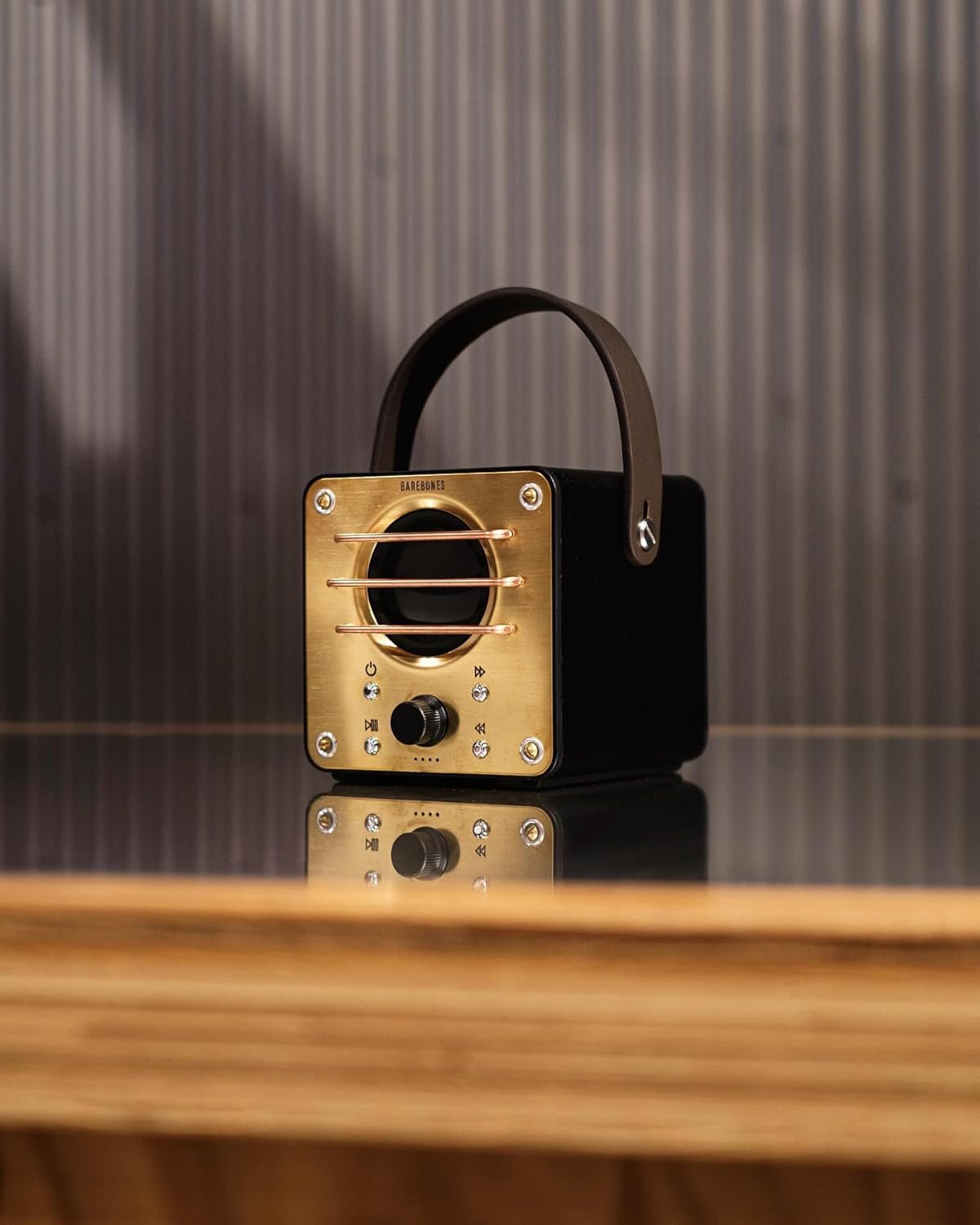 Barebones Block Tower Speaker – Vintage Brass & Copper Wireless Bluetooth Speaker with 20+ Hour Battery Life, Leather Strap for Portability – Ideal for Outdoor Adventures and Home Use