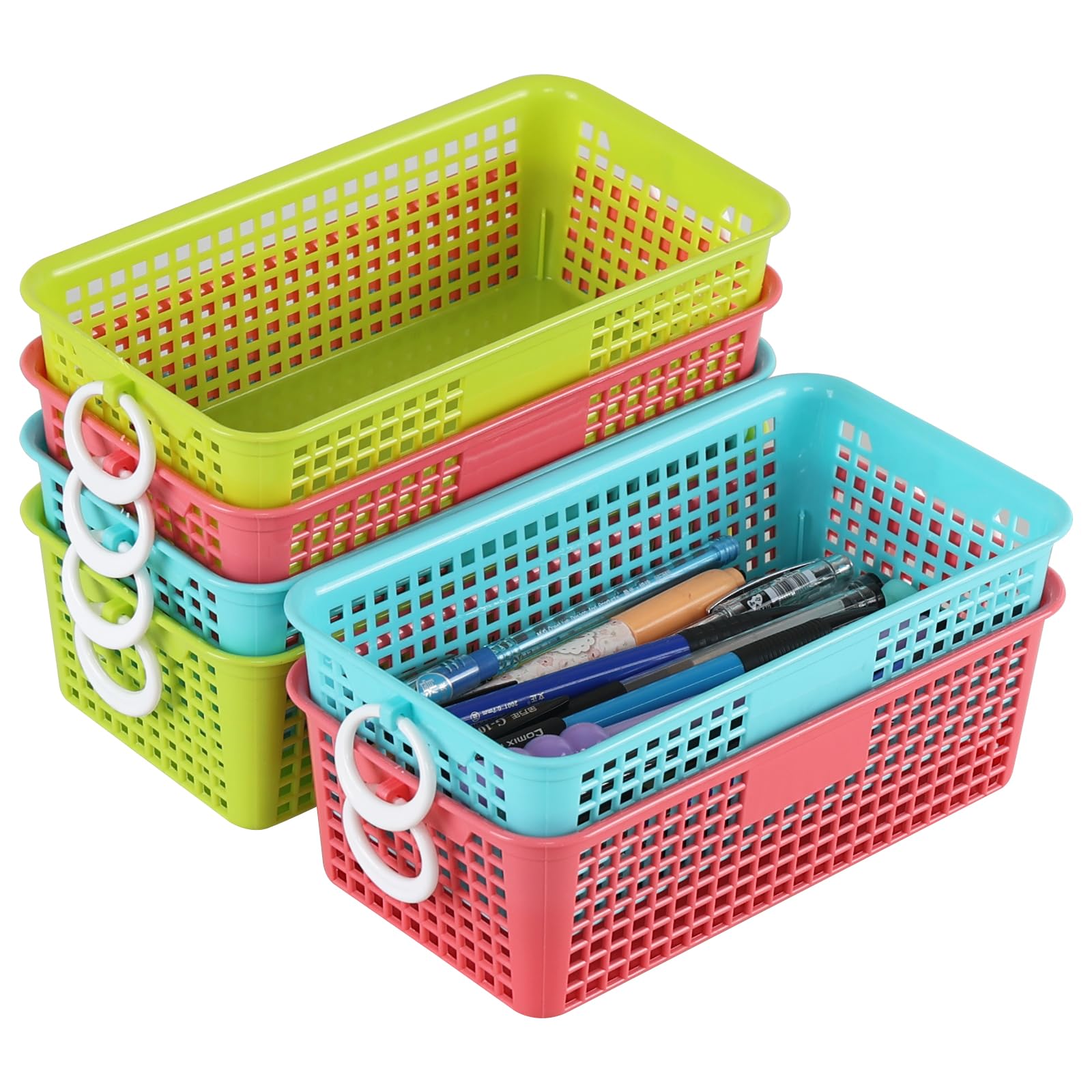 Panier de rangement en plastique petit modèle coloré avec poignée pour tri de bureau