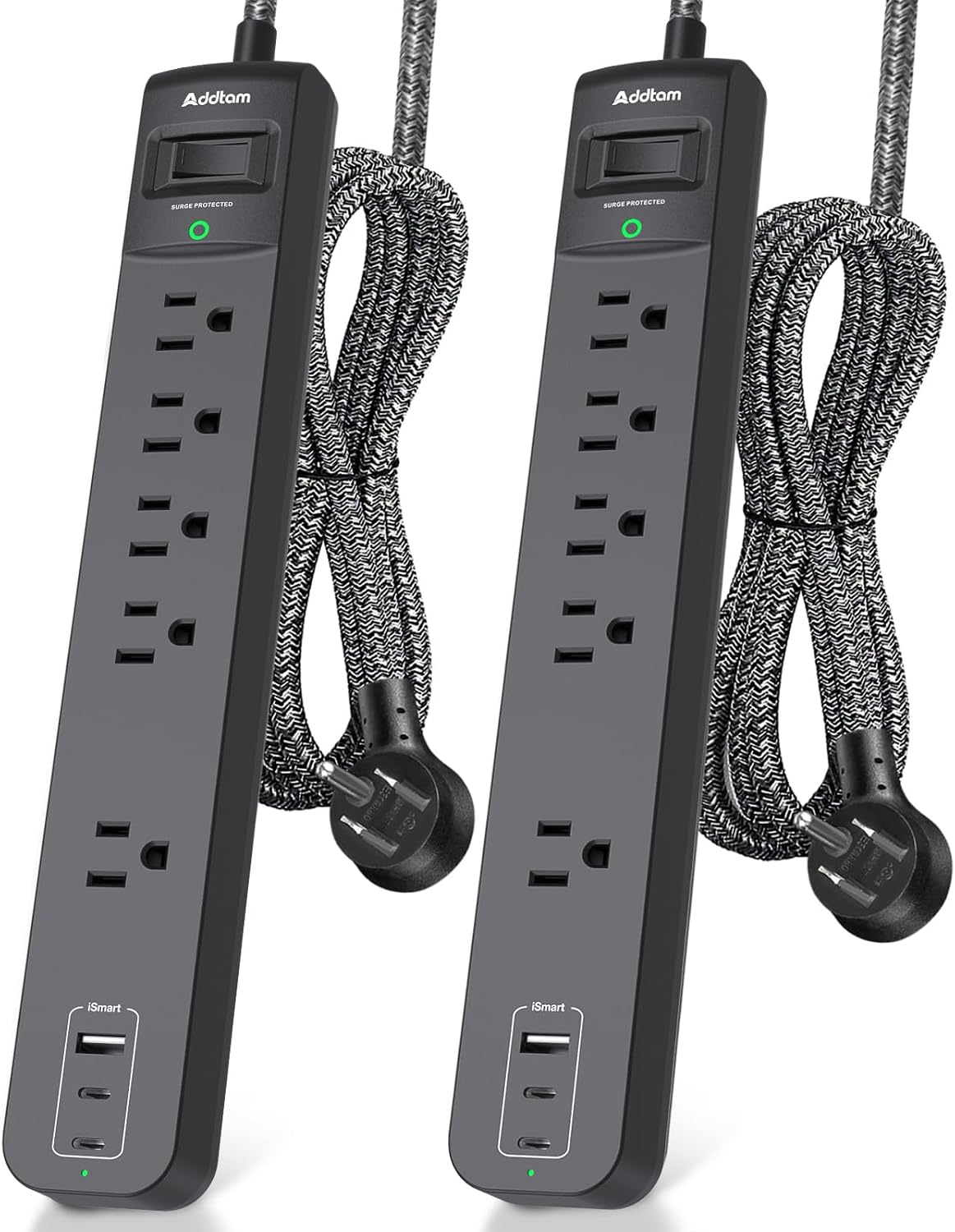 Addtam 2 Pack Power Strip Surge Protector – 5 Wide Spaced Outlets 3 USB (2 USB-C) Charging Ports, 1875W/15A, 5ft Braided Cord, Flat Plug, Overload Surge Protection, Wall Mount for Home, Office & Dorm