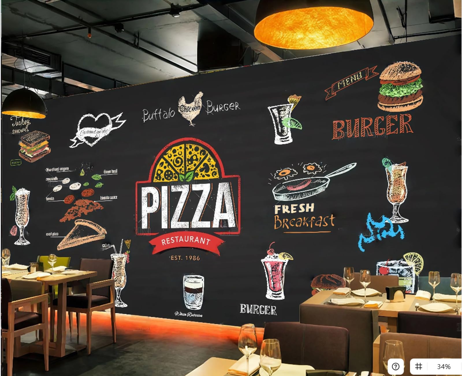 XDOUBAO Wallpaper Fashion Blackboard Hand-Painted Chalk Painting Pizza Juice Gourmet Shop Afternoon Tea Western Restaurant Background Wallpaper Coffee Shop Mural,3D,300x210cm