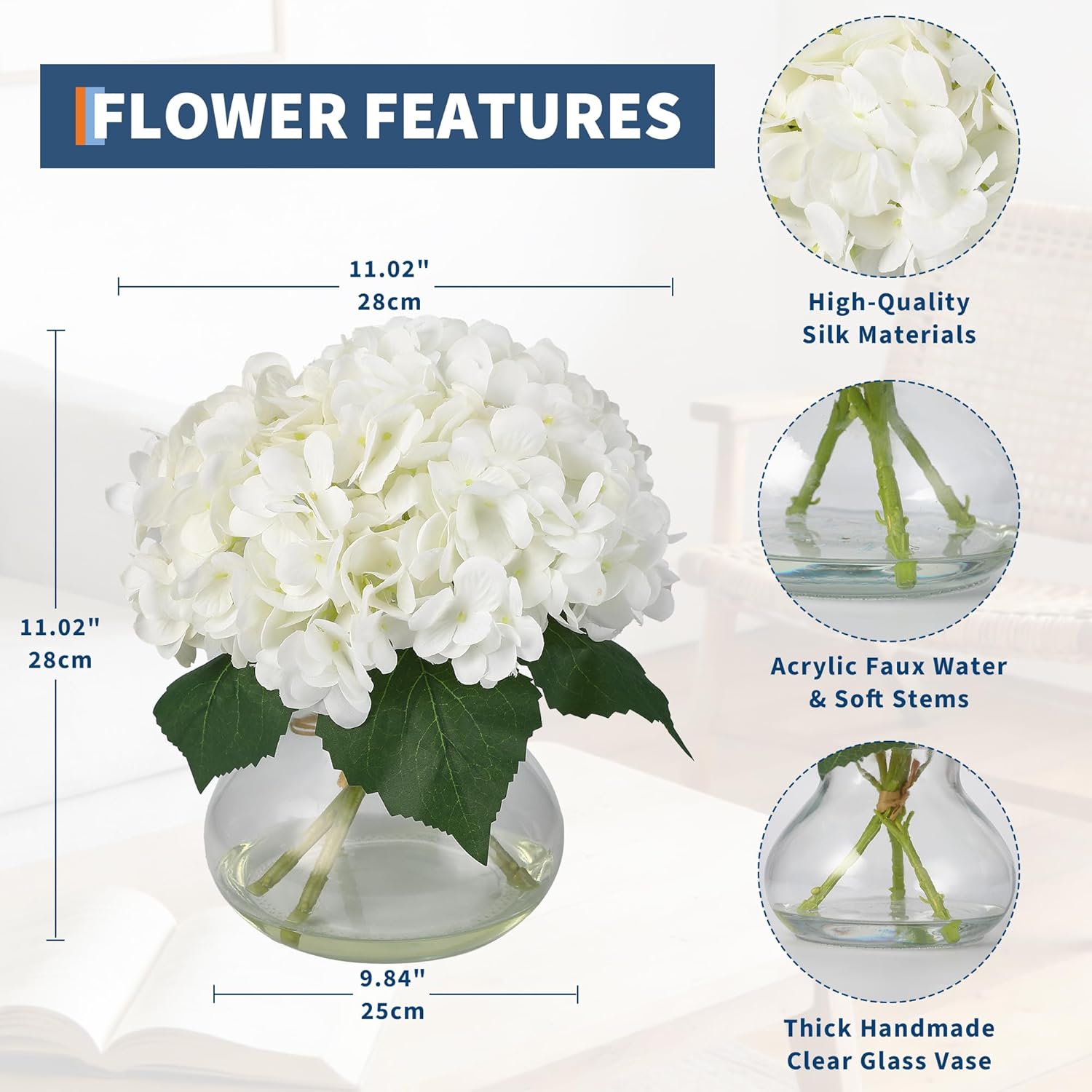 Artificial Hydrangea Silk Flowers Realistic Faux Bouquet, 5 Stem Lifelike Fake Flower Arrangement for Home Decor, Flexible Bendable Stems for Vase, Wedding Centerpieces, Year-Round Decoration