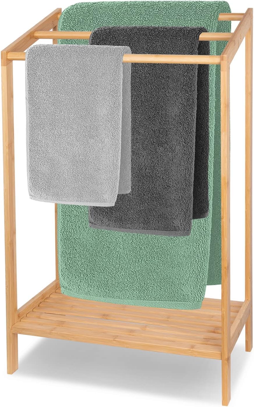 Bamboo Towel Rack for Bathroom, 3 Tier Floor Freestanding Towel Holder Organizer with Bottom Storage Shelf for Hand Towels, Small Bath Towel and Bathrobe