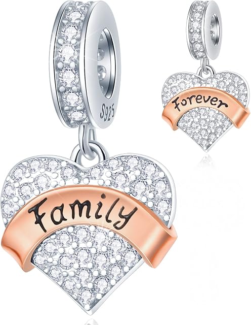 CRISNATA Family Theme Pave Heart Pendant Charms with Clear CZ, 925 Sterling Silver Rose Gold Ribbon Beads, fits European Mothers Day Bracelet, Gifts for Mother/Wife/Friends