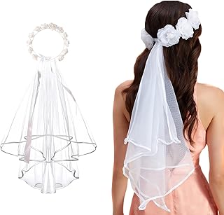 Bride Veil White Flower Wreath Headband with Lace Veil Boho Floral Crown Headpiece for Wedding Bachelorette Party Engagement Costume Accessories