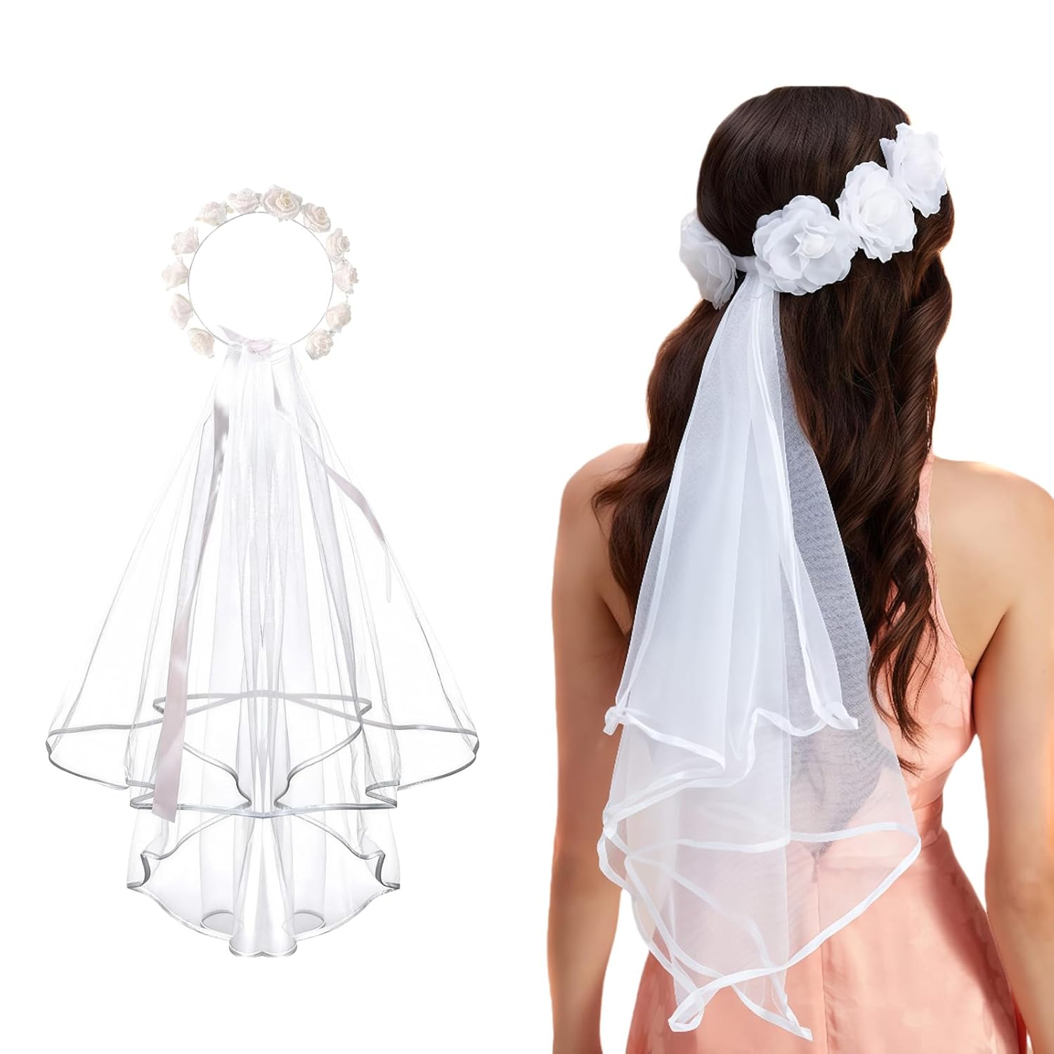 QUUPY Bridal Veil Headband Flower Wreath with Lace Veil Foam Flowers 45cm White Boho Floral Crown Hair Accessories for Wedding Engagement Photo Shoot