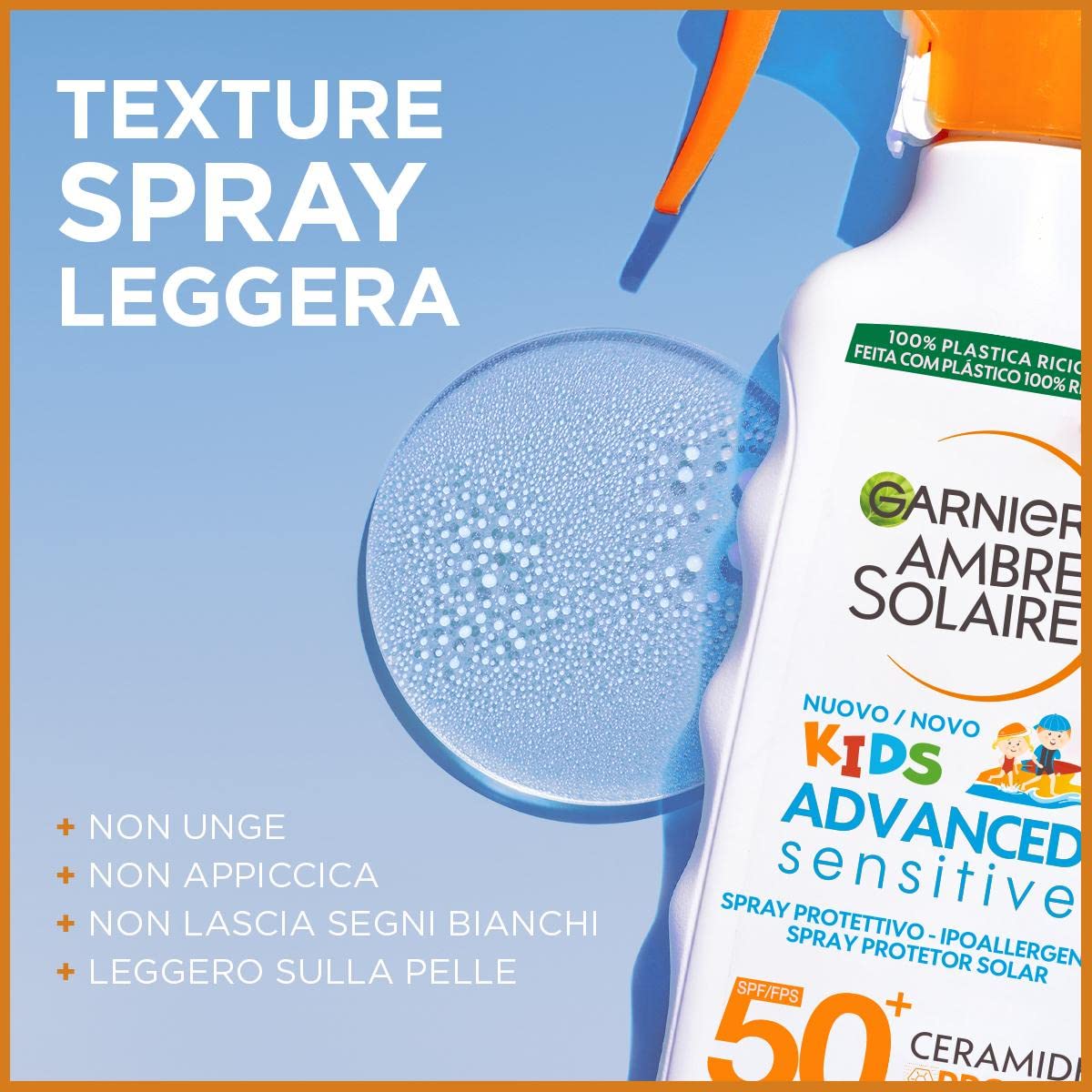 Garnier Ambre Solaire Advanced Sensitive Kids Ceramide Protect Spray Gachette Protettivo SPF50+, 270 ml