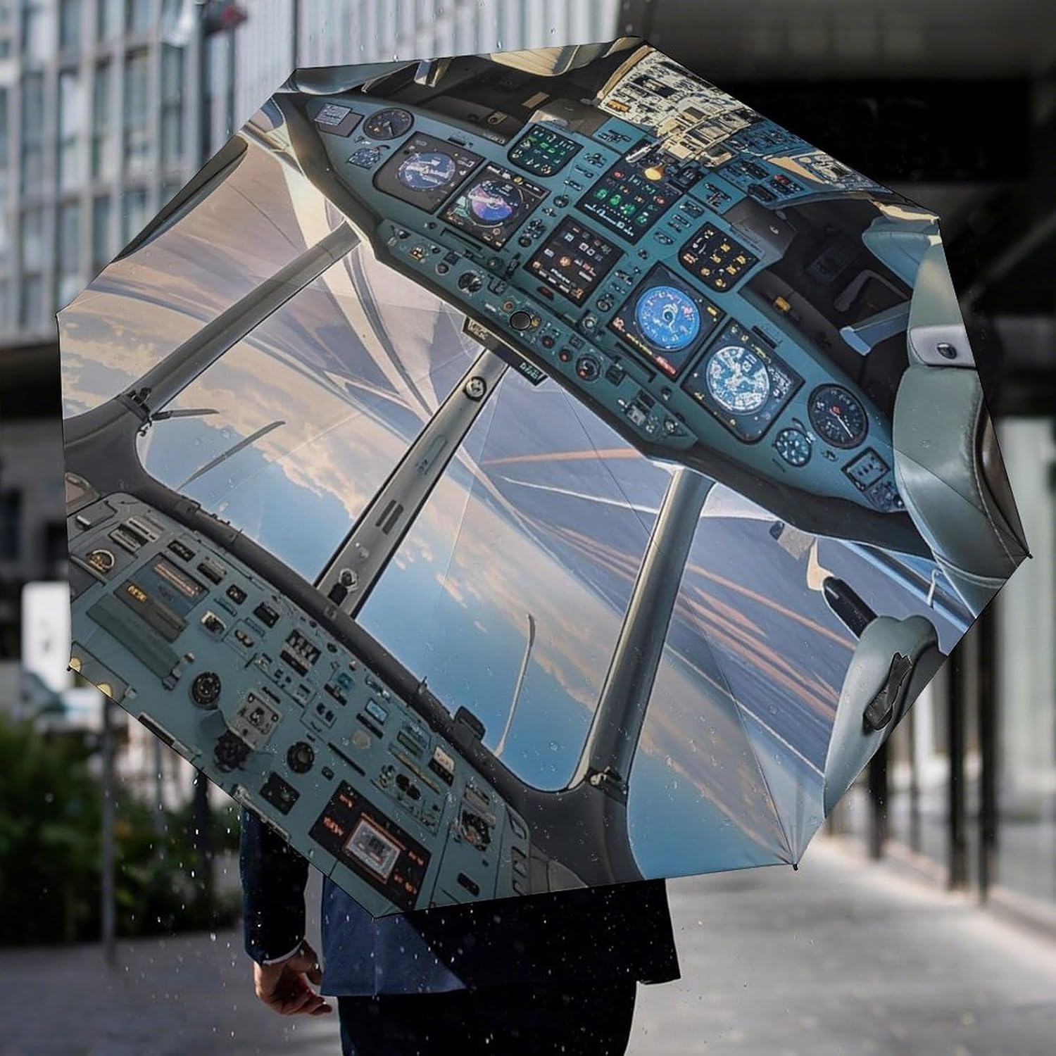 Airplane Cockpit Golf Umbrellas-2 Fold Automatic,Windproof Umbrella with Portable,Strong,Folding Umbrella for Women Men