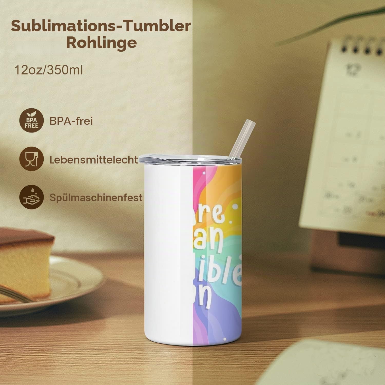 sweet grain Sublimationsbecher aus Edelstahl, gerade, doppelwandig, Vakuum, 6 Stück, weiß, Kinder-Sublimationsgläser, Rohlinge mit Deckel und Strohhalmen, für selbstgemachtes Geschenk, Kaffee, Tee,