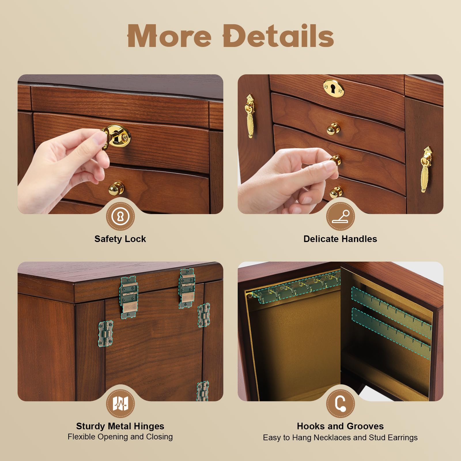 Drewniany organizer na biżuterię w stylu vintage, 5 warstw, drewniane pudełko do przechowywania biżuterii, z 4 szufladami, zdejmowane, retro, szkatułka na biżuterię, klucze i zamek na