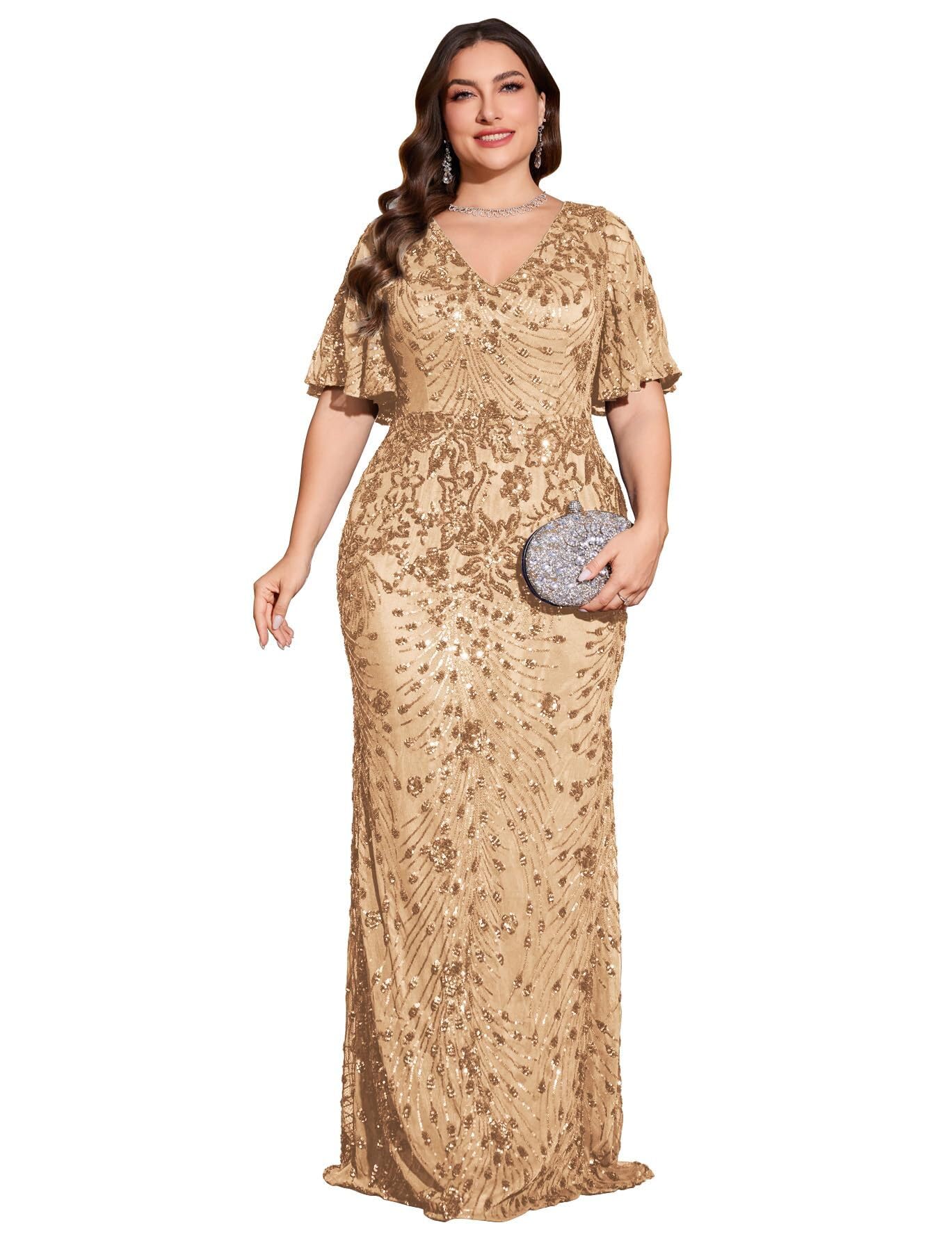 Mother of The Bride Dresses Plus Size - Short Sleeves Glitter Sequin Mermaid Formal Evening Dress