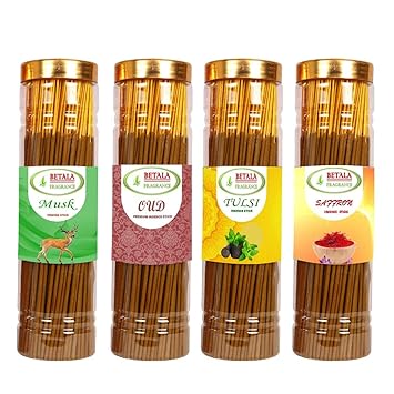 Betala Fragrance 4 in 1 Flavour Agarbatti for Pooja, 4 Packs of 100 Gm Incense Sticks (60 Batti in Each) (Musk, Oud, Saffron, Patchauli) - image, photos