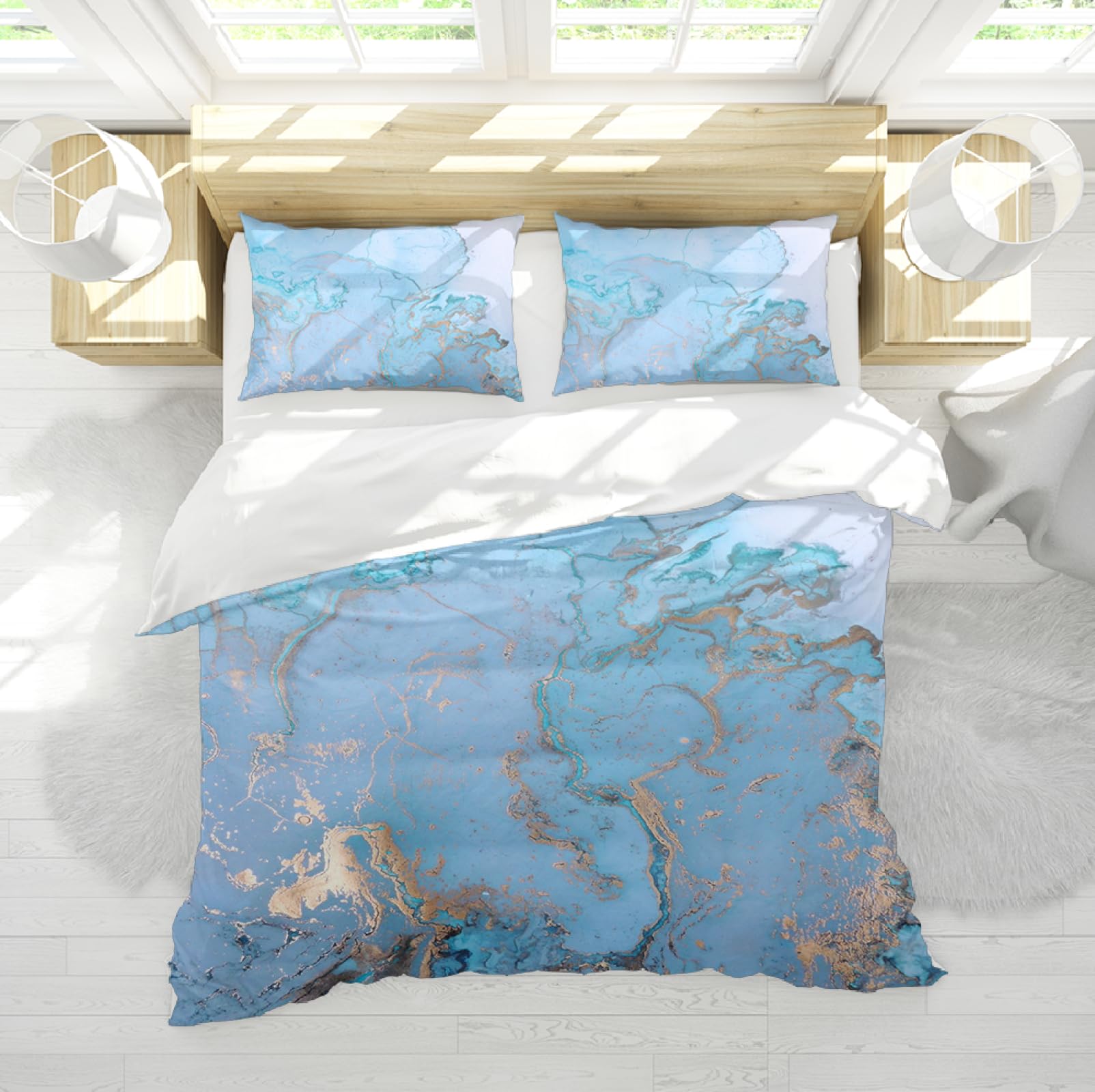 Set de Lujo Funda de Edredón 3 Piezas Abstracto Mármol Mármol Textura Microfibra Juego de Ropa de Cama con 2 Almohadas Shams 4 Lazos Cremallera 135 x 200 cm