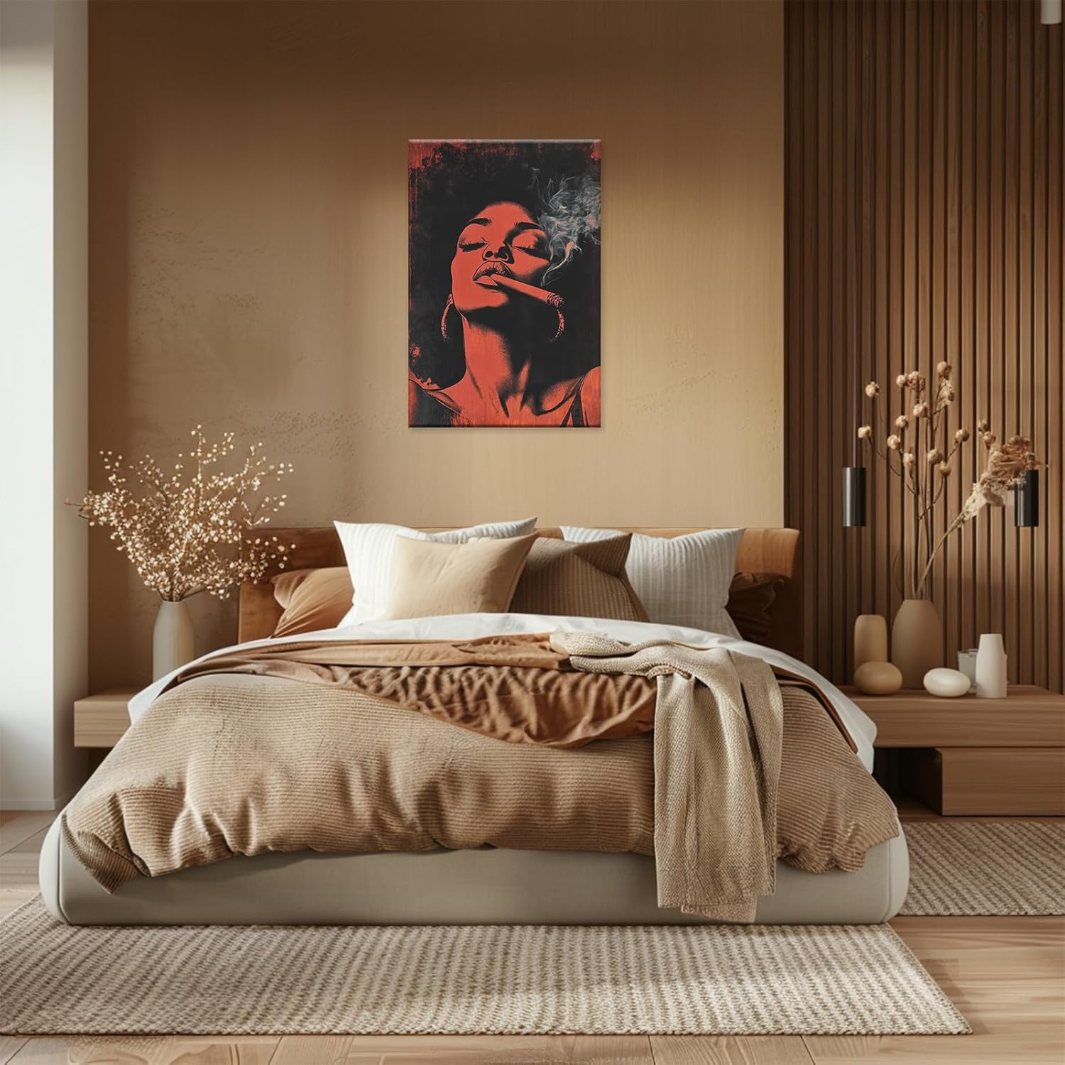 MODOJOART African American Canvas Wall Art Black and Red Afro Woman Painting Sexy Woman Portrait Picture for Bedroom Living Room Decor(Artwork-02, 12"x18")