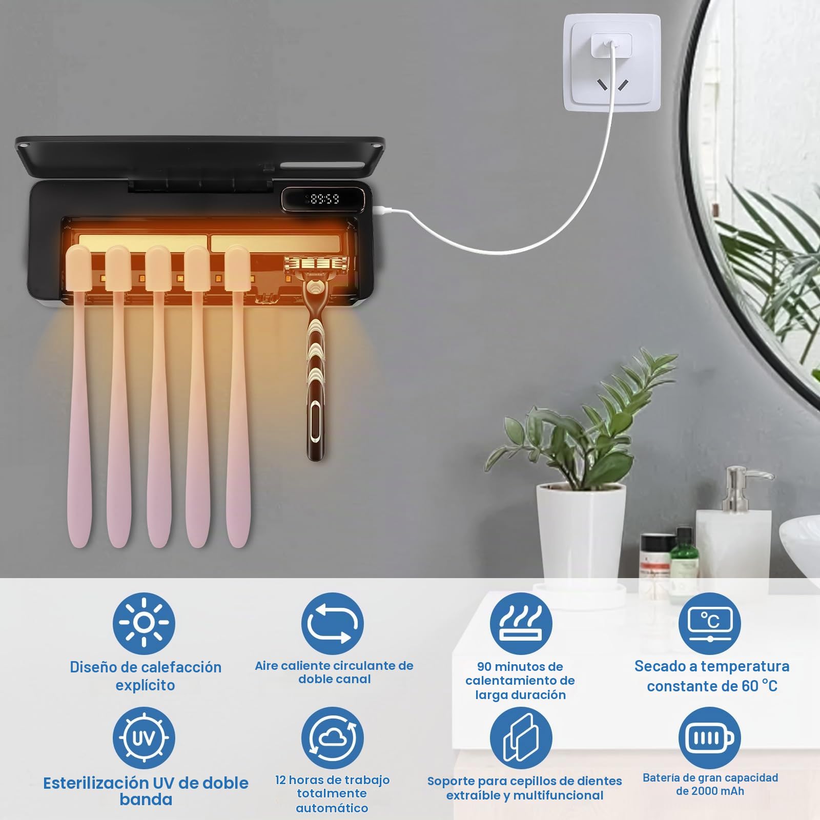 Porta Cepillo de Dientes con Esterilizador UV & con 7 Ranuras para Dispensador Pasta de Dientes, USB Recargable 2000mAh, Soporte Cepillo de Dientes Eléctrico UV para Casa, Baño, Ducha (Negro)