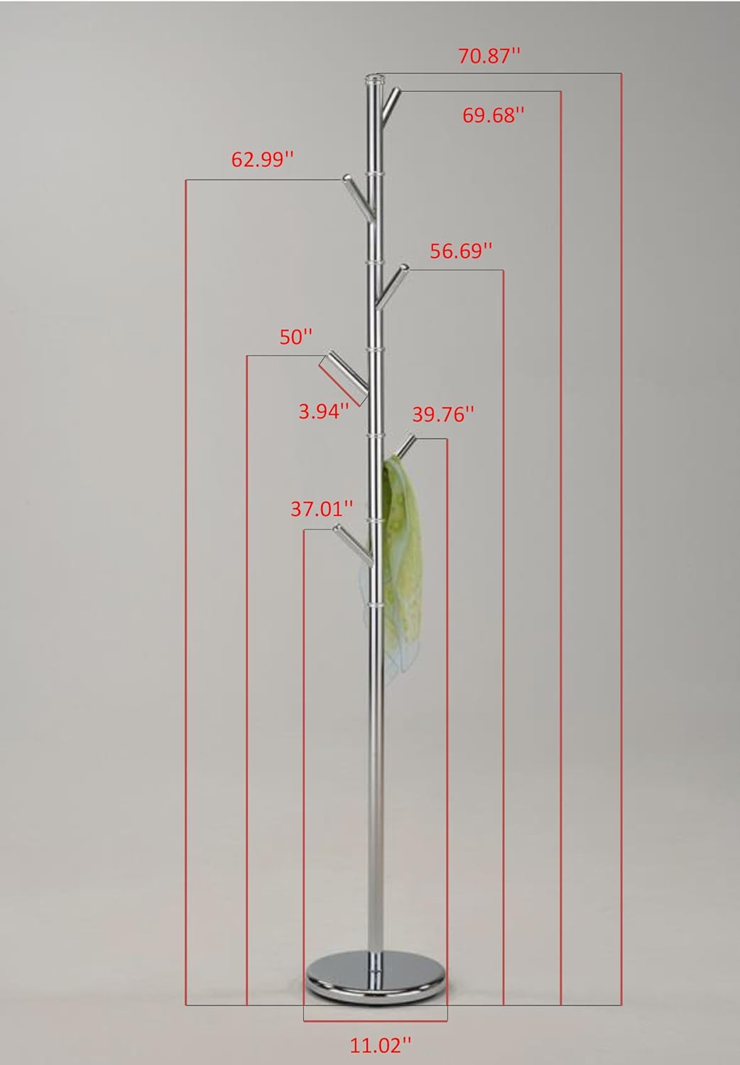 KB Designs - 6 Hook Metal Standing Coat and Hat Hanger Organizer Rack, Chrome