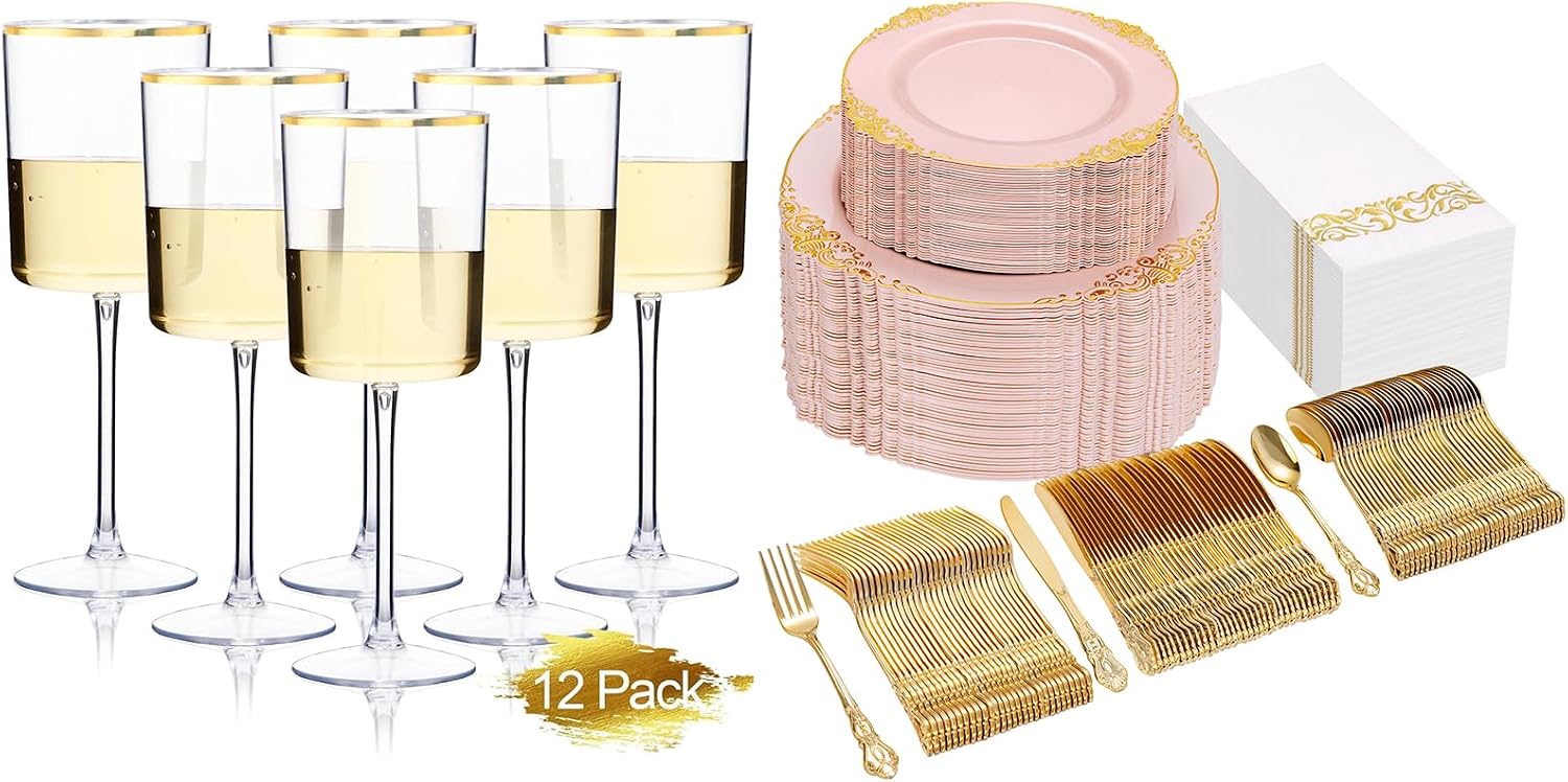 Ciaell 12 Pack Plastic Wine Glasses and 300PCS Pink and Gold Plastic Plates for Thanksgiving & Parties & Weddings & Poolside & Toasting & Outdoors