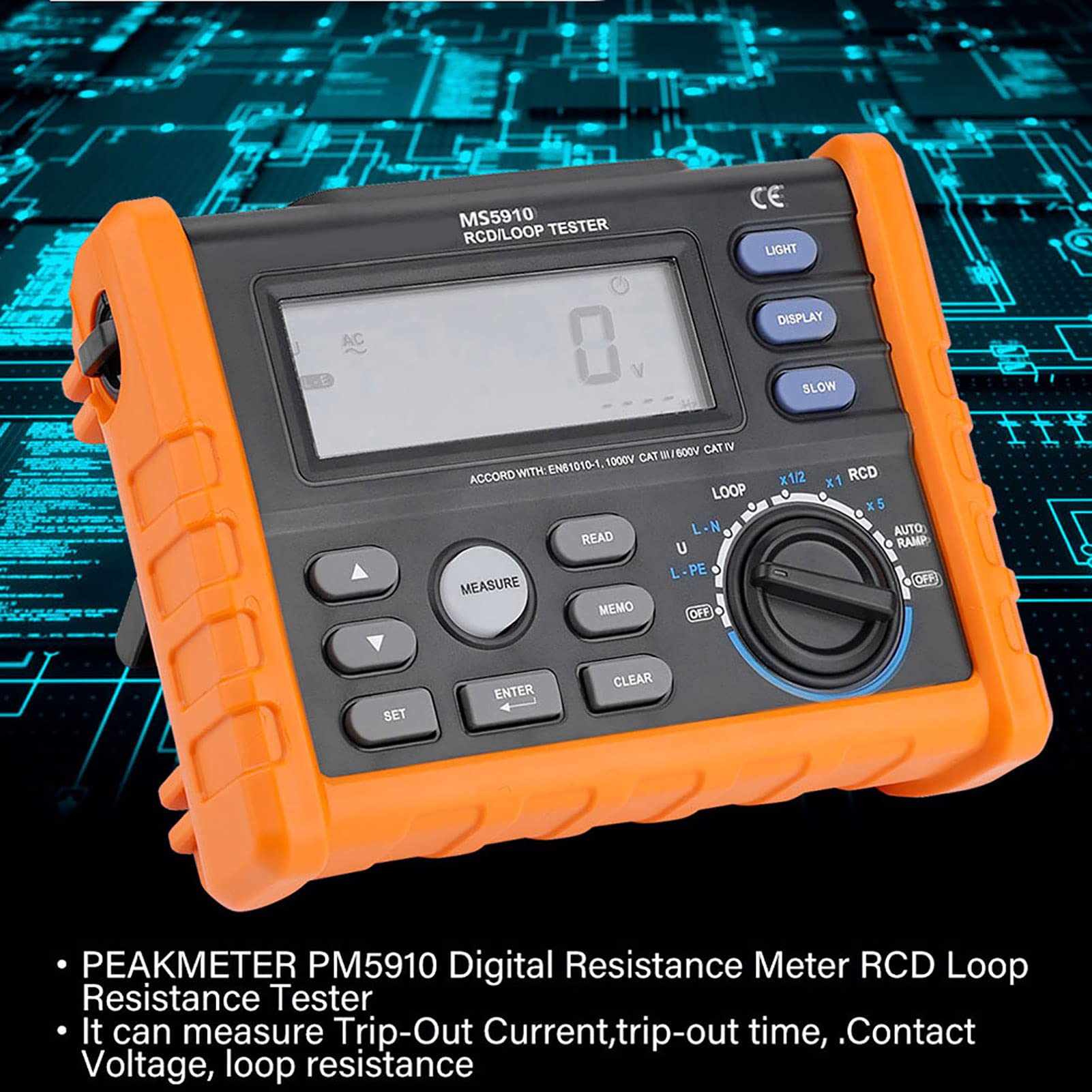 Socobeta PEAKMETER MS5910 Multimetro Portatile per Tester di Resistenza di Loop RCD con Memorizzazione di 100 Risultati di Test, Indicazione di Retroilluminazione, Ottimo per gli Appassionati di Fai